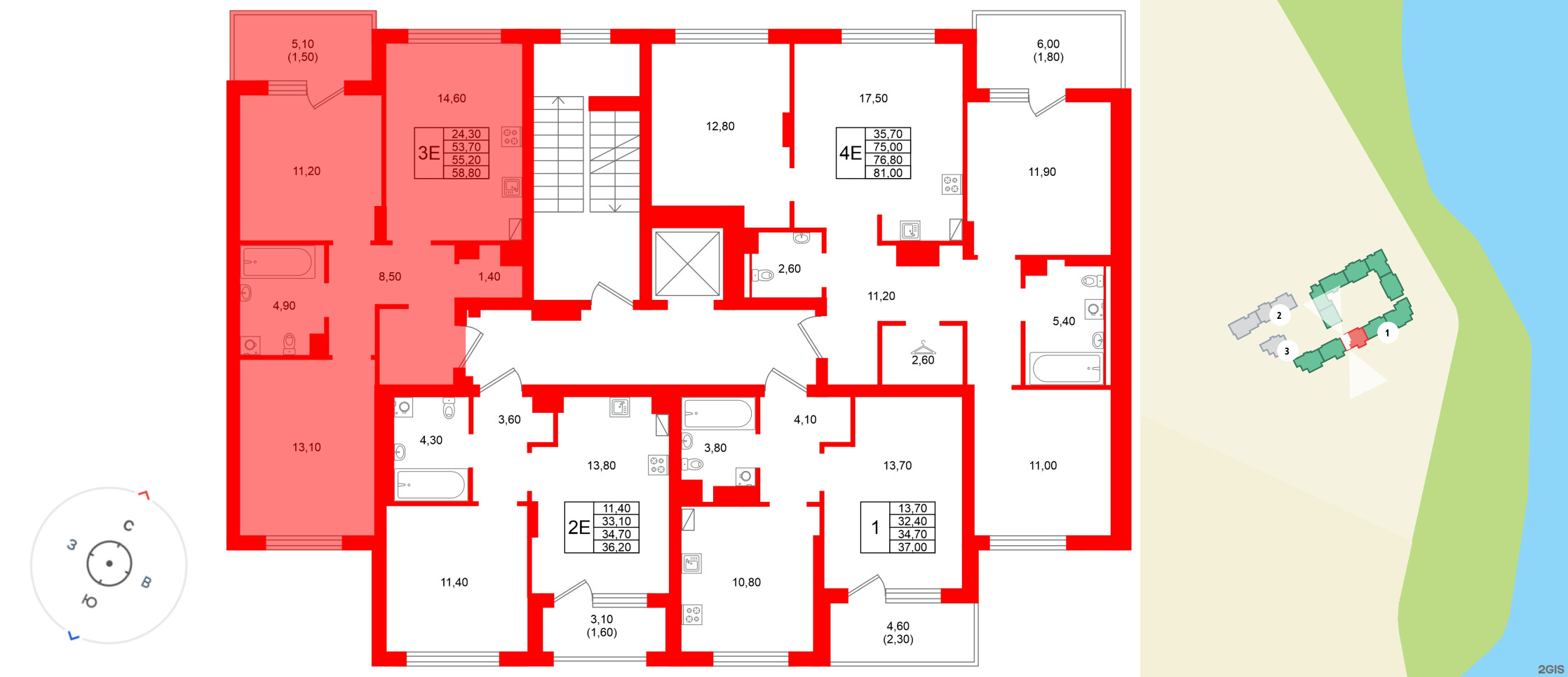 Квартира в ЖК Виридиан, 2 комнатная, 55.2 м², 2 этаж