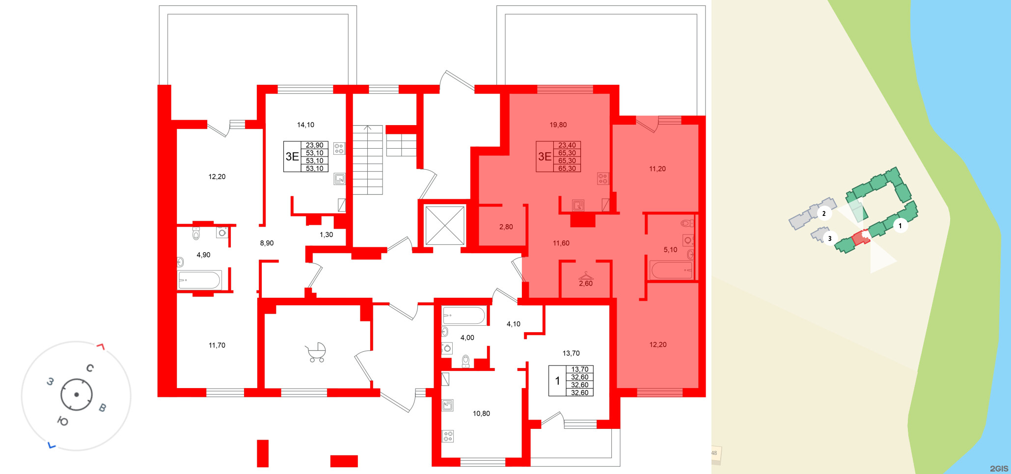 Квартира в ЖК Виридиан, 2 комнатная, 65.3 м², 1 этаж