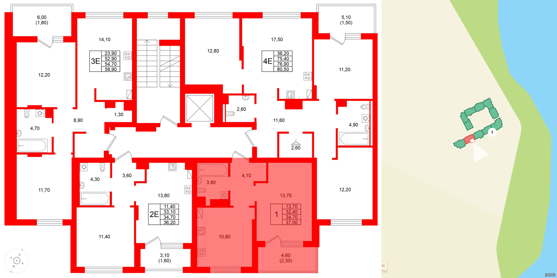 Квартира в ЖК Виридиан, 1 комнатная, 34.7 м², 2 этаж