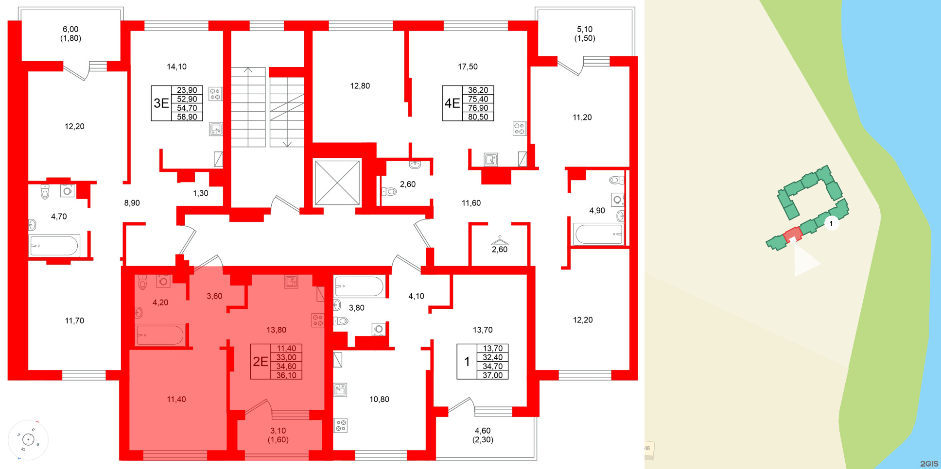 Квартира в ЖК Виридиан, 1 комнатная, 34.6 м², 3 этаж
