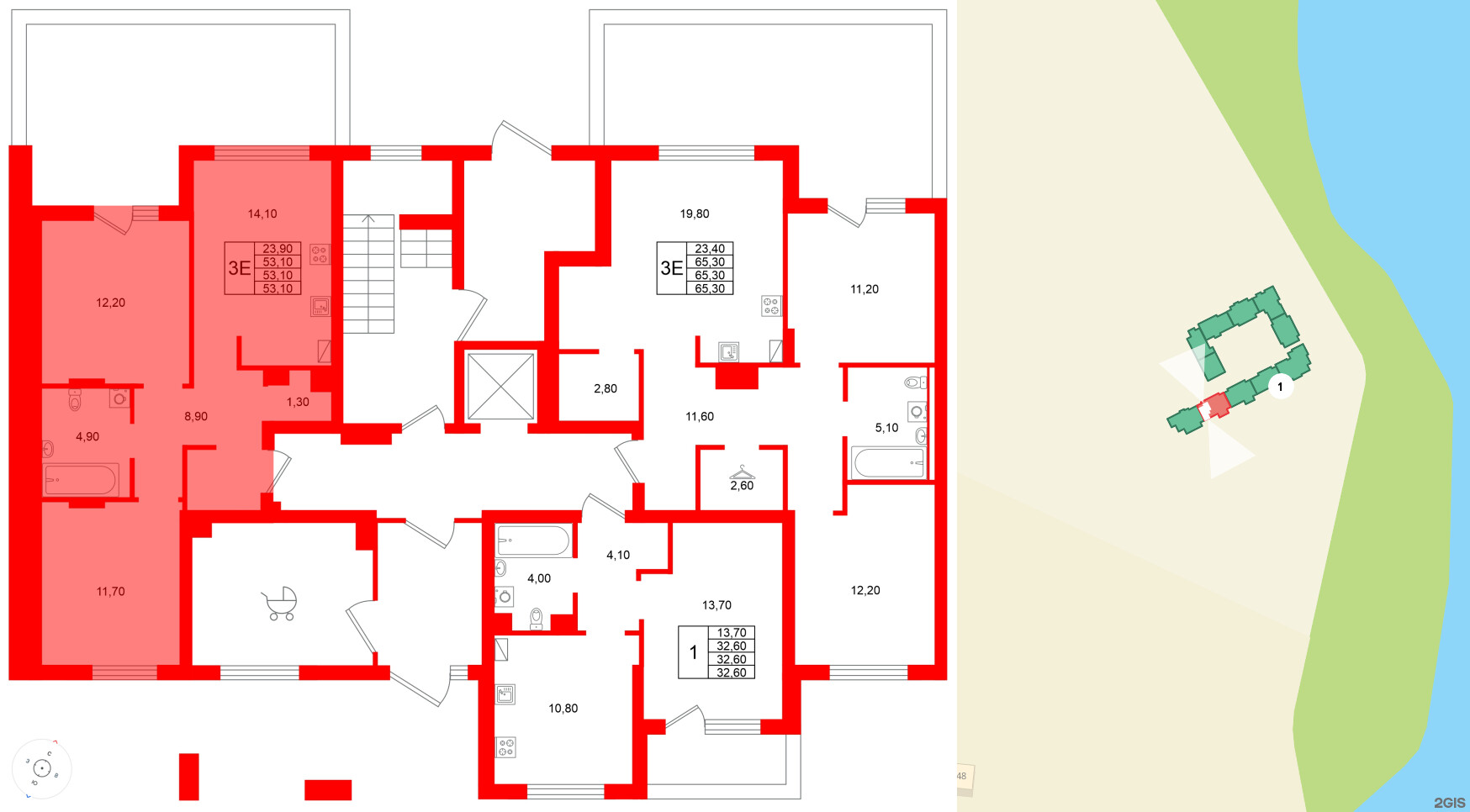 Квартира в ЖК Виридиан, 2 комнатная, 53.1 м², 1 этаж