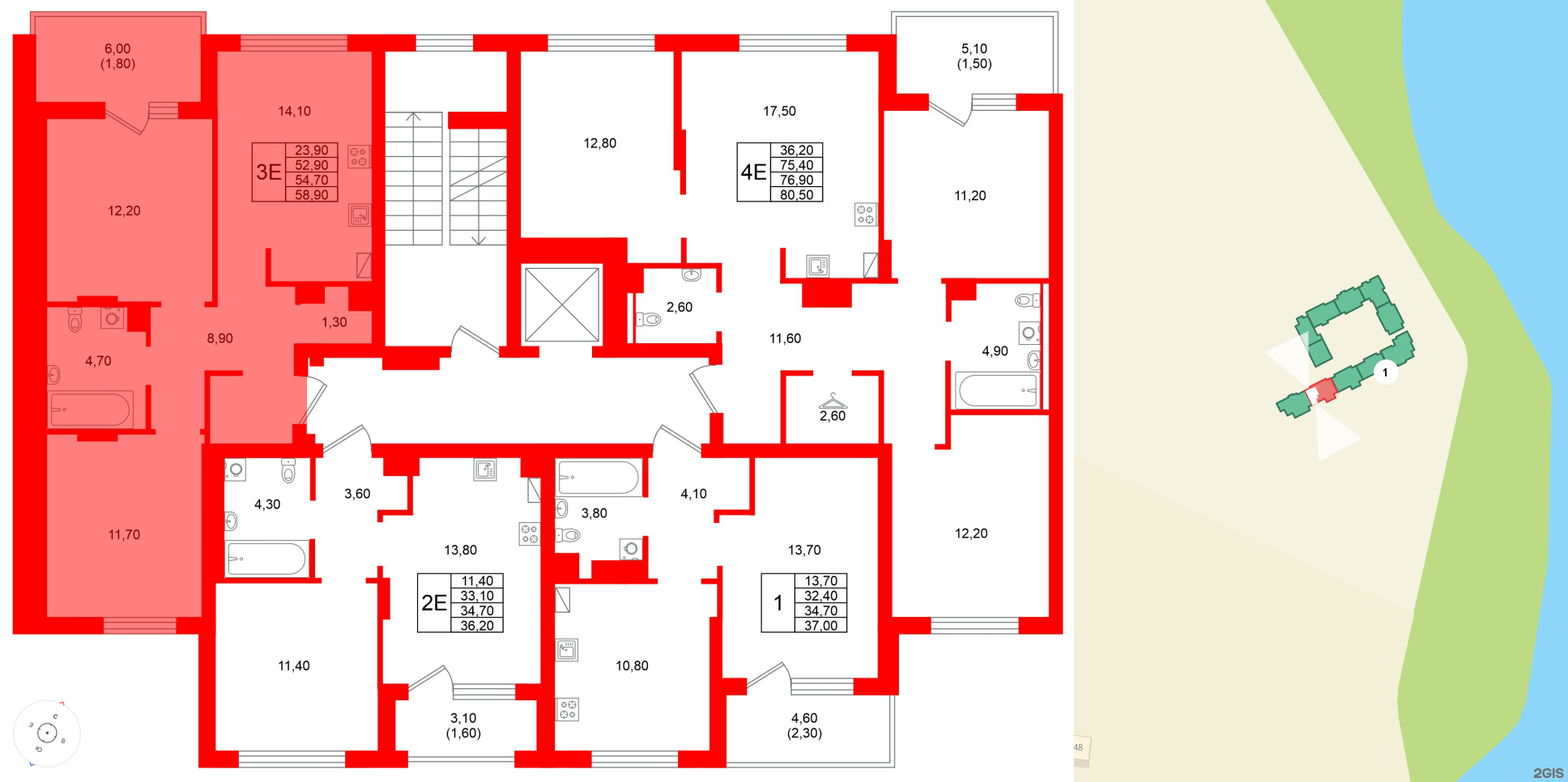 Квартира в ЖК Виридиан, 2 комнатная, 54.7 м², 2 этаж