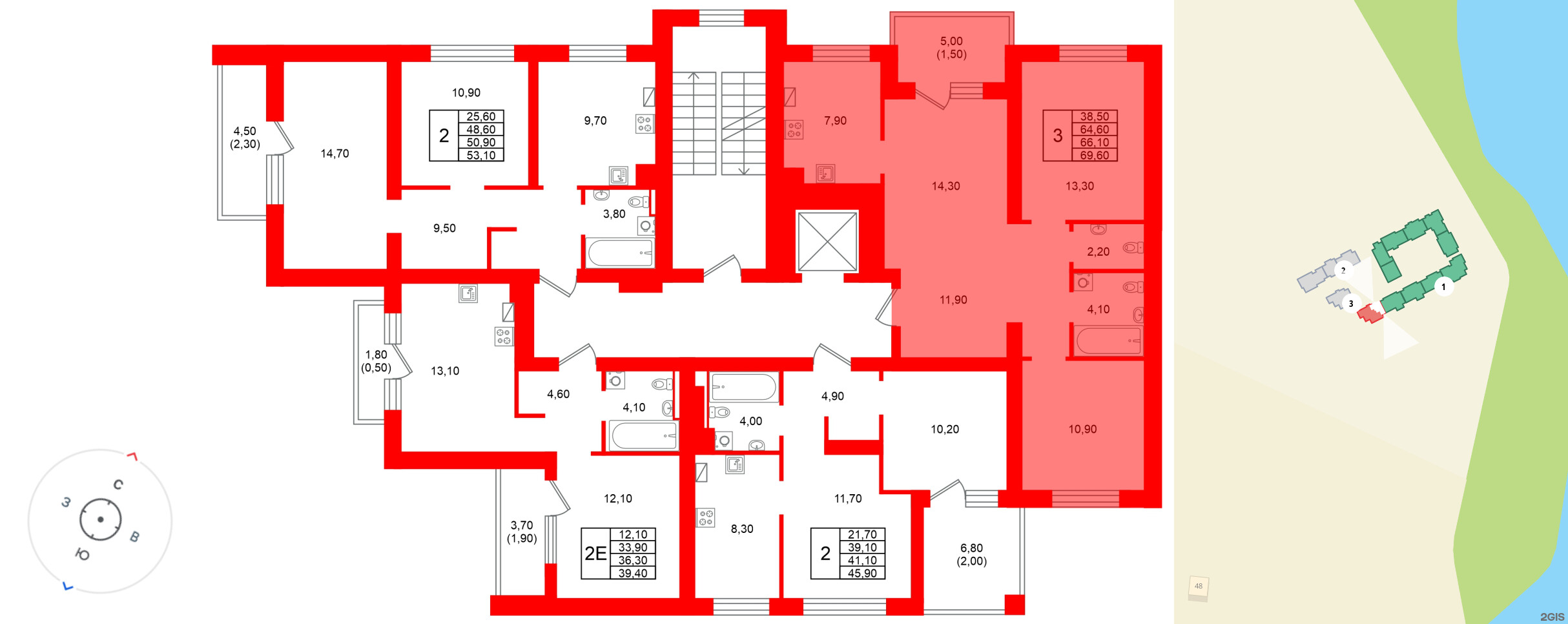 Квартира в ЖК Виридиан, 3 комнатная, 66.1 м², 3 этаж