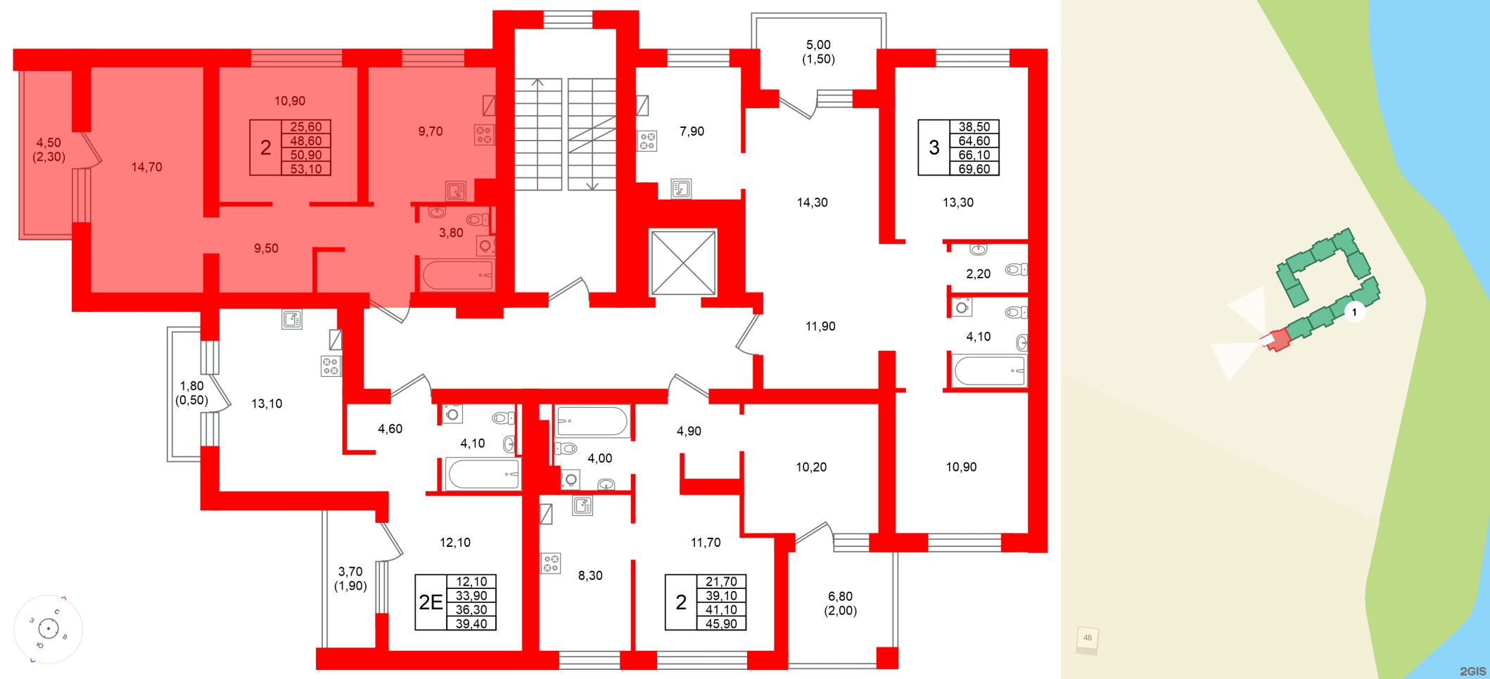 Квартира в ЖК Виридиан, 2 комнатная, 50.9 м², 3 этаж