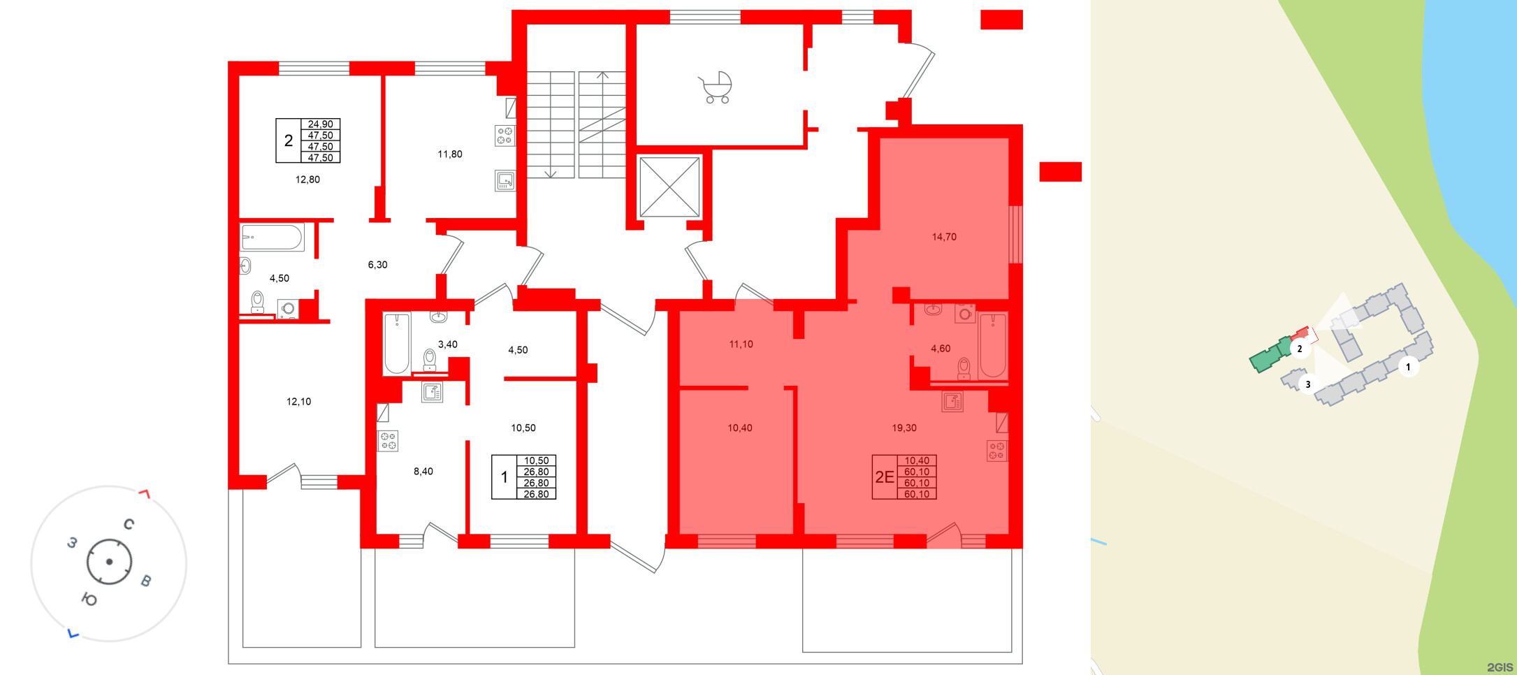 Квартира в ЖК Виридиан, 1 комнатная, 60.1 м², 1 этаж
