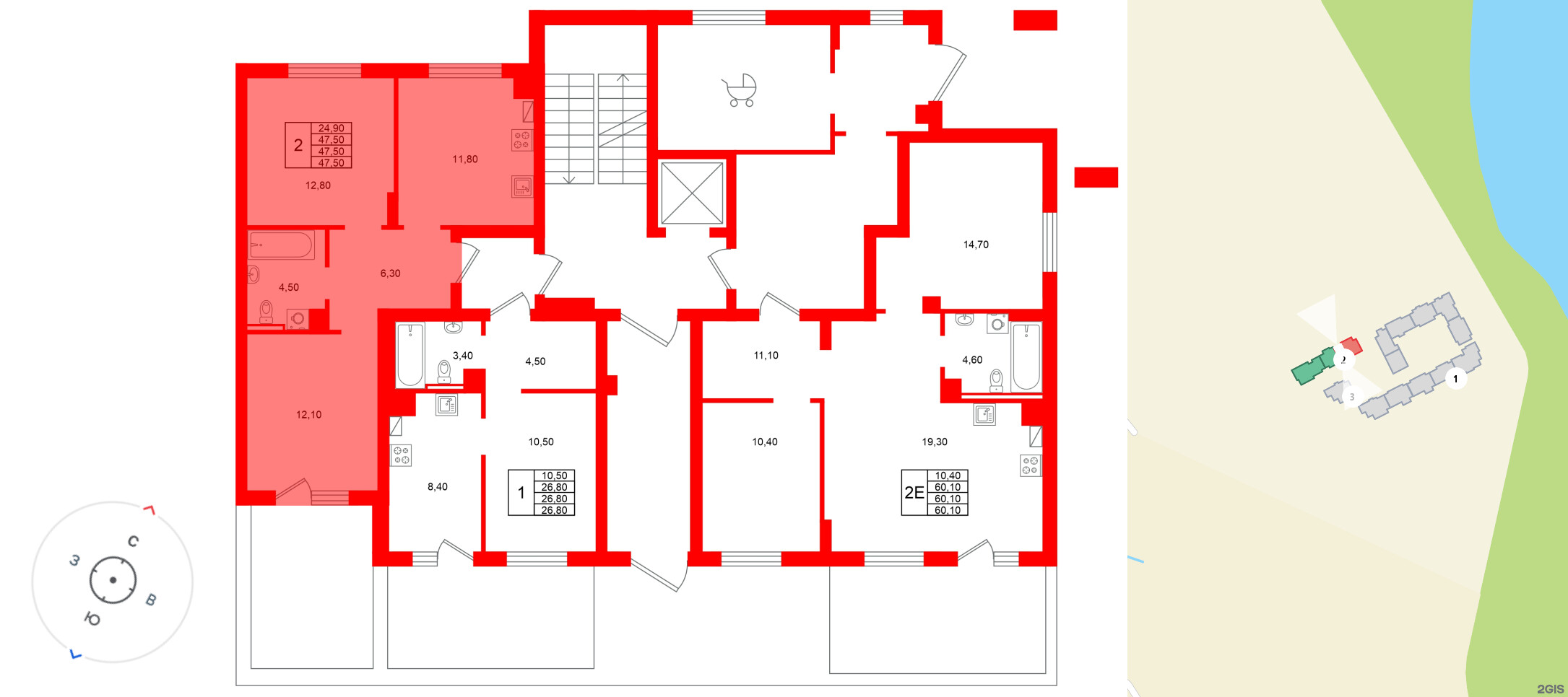 Квартира в ЖК Виридиан, 2 комнатная, 47.5 м², 1 этаж