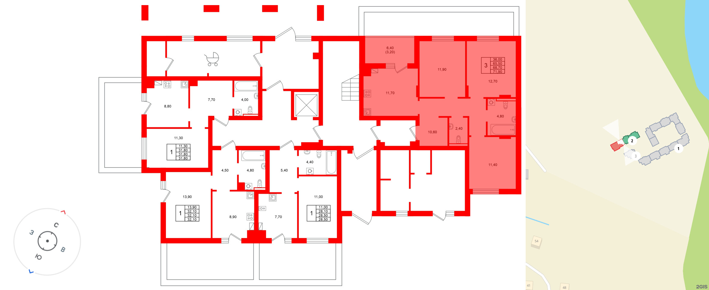 Квартира в ЖК «Виридиан», 3 комнатная, 68.7 м², 1 этаж