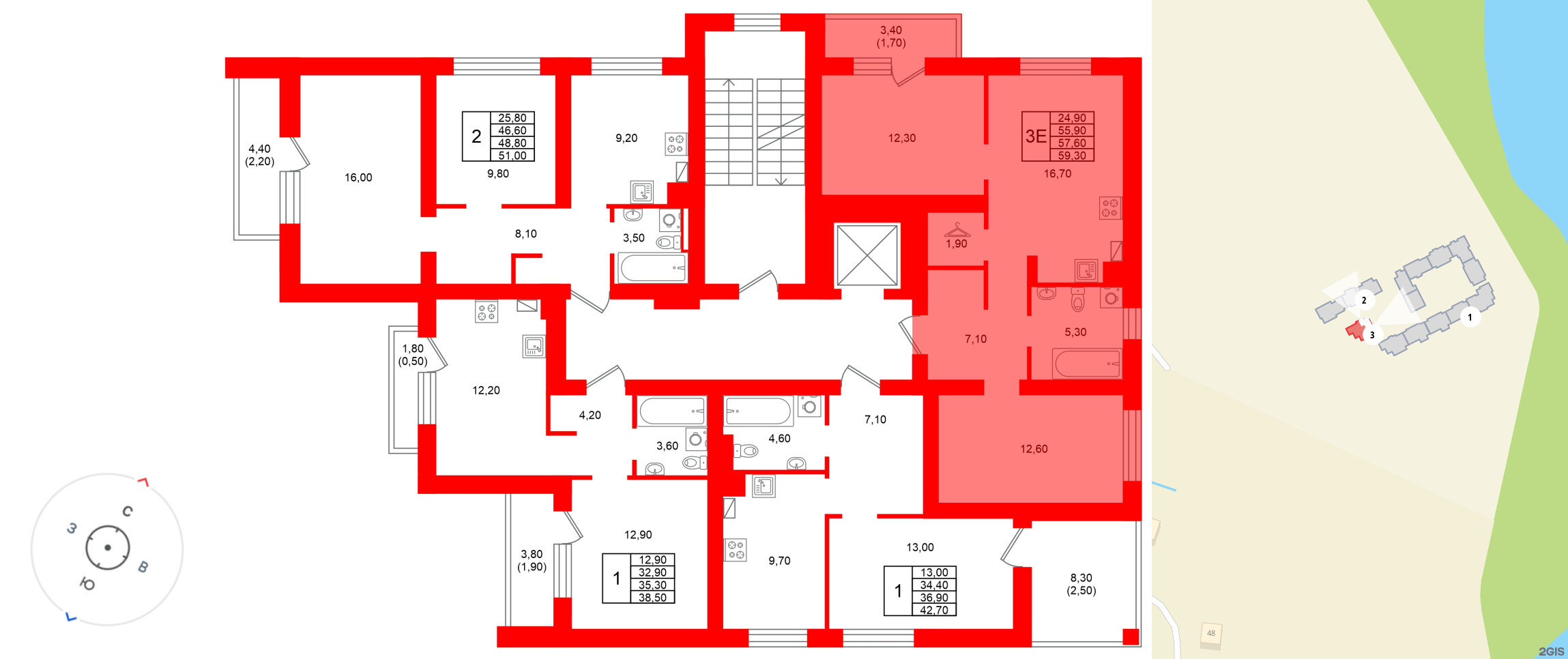 Квартира в ЖК Виридиан, 2 комнатная, 57.6 м², 2 этаж