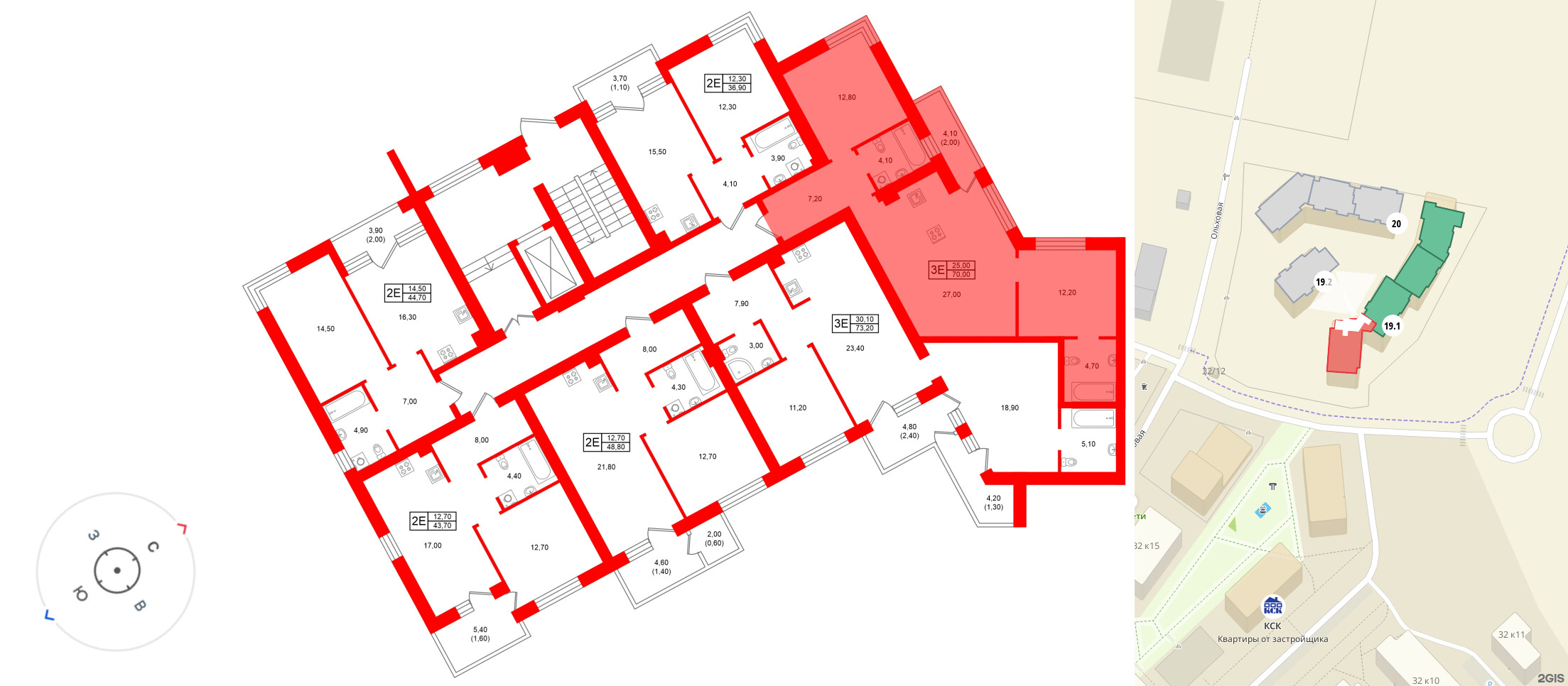 Квартира в ЖК «Морена», 2 комнатная, 70 м², 1 этаж