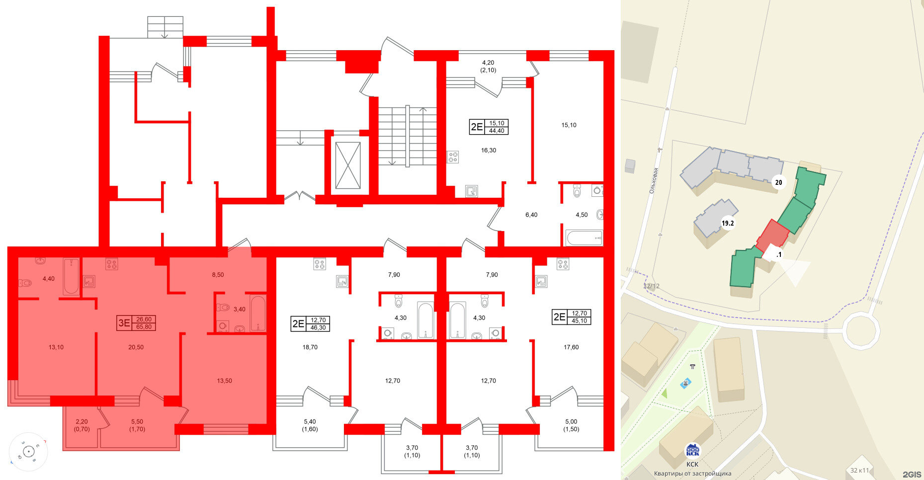 Квартира в ЖК Морена, 2 комнатная, 65.8 м², 1 этаж