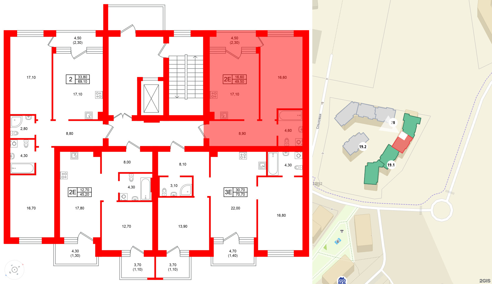 Квартира в ЖК Морена, 1 комнатная, 49.5 м², 2 этаж