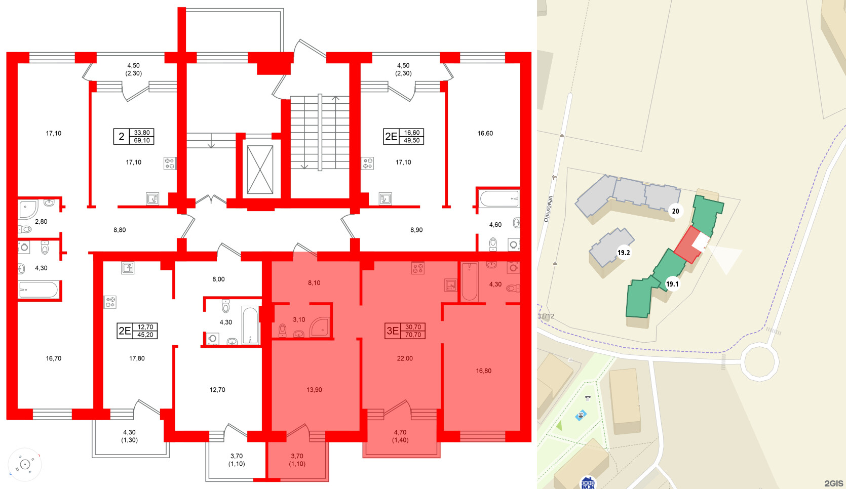 Квартира в ЖК Морена, 2 комнатная, 70.7 м², 1 этаж