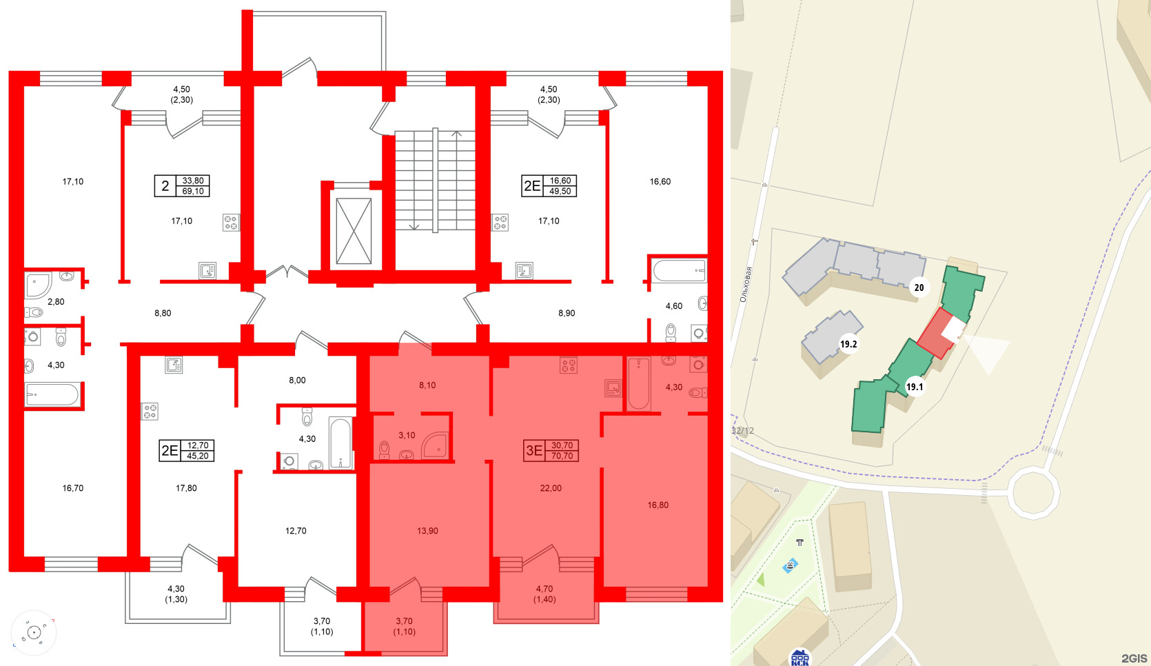 Квартира в ЖК Морена, 2 комнатная, 70.7 м², 3 этаж