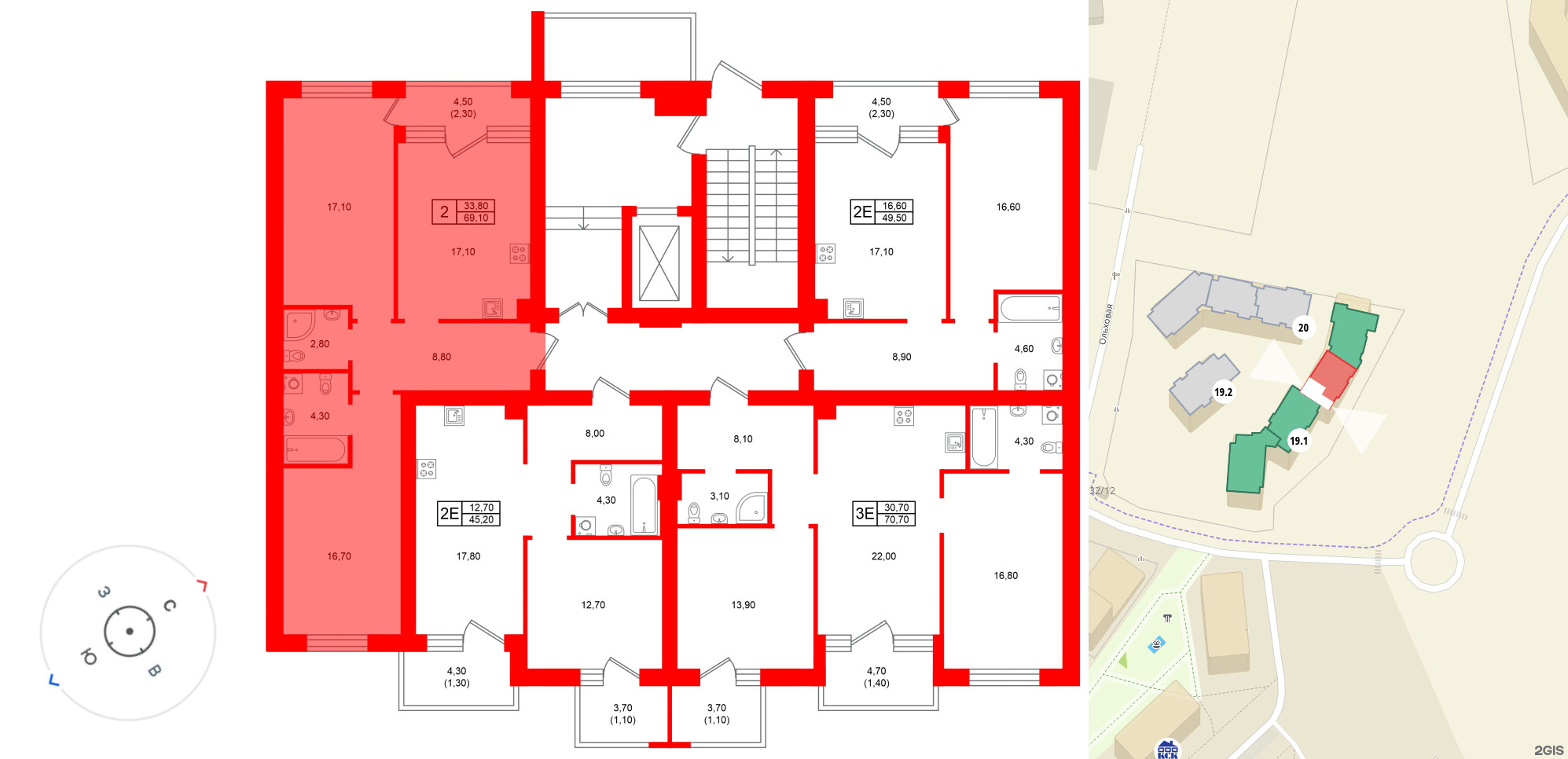 Квартира в ЖК Морена, 2 комнатная, 69.1 м², 1 этаж