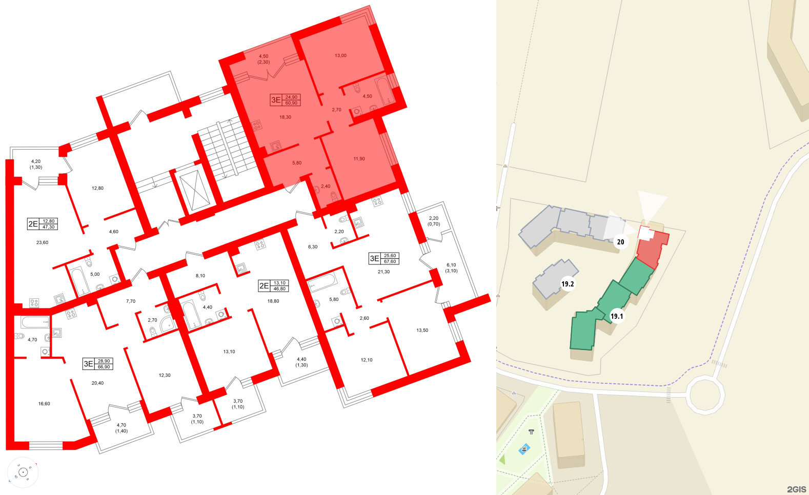 Квартира в ЖК Морена, 2 комнатная, 60.9 м², 2 этаж