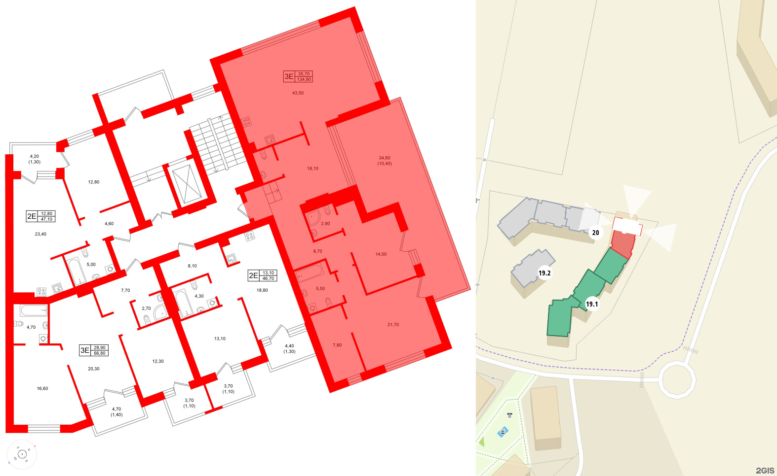 Квартира в ЖК Морена, 2 комнатная, 134.9 м², 5 этаж