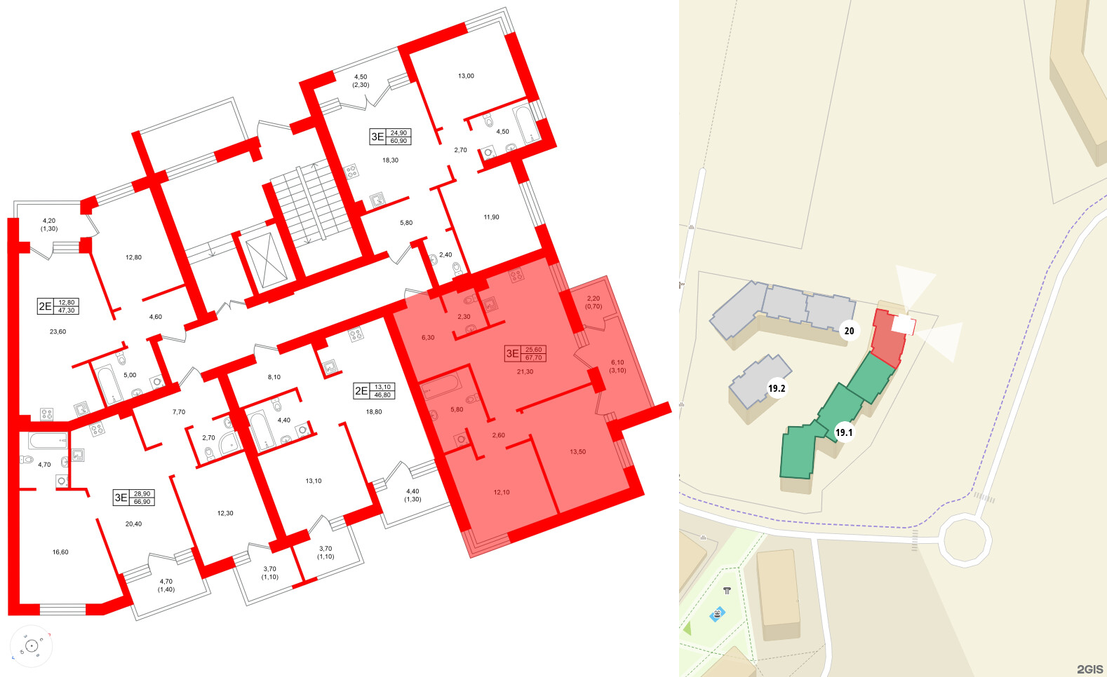 Квартира в ЖК Морена, 2 комнатная, 67.7 м², 1 этаж