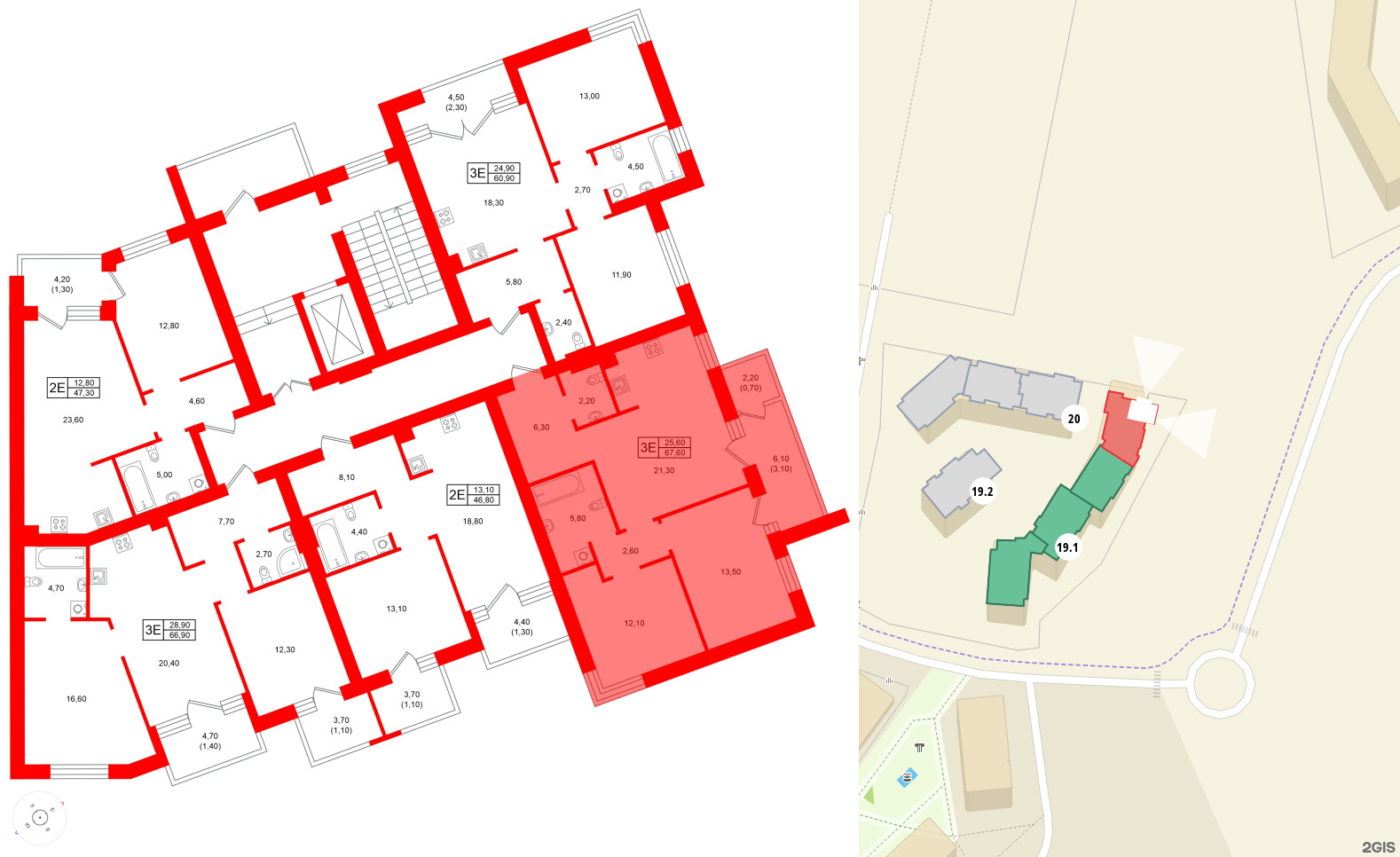 Квартира в ЖК Морена, 2 комнатная, 67.6 м², 2 этаж