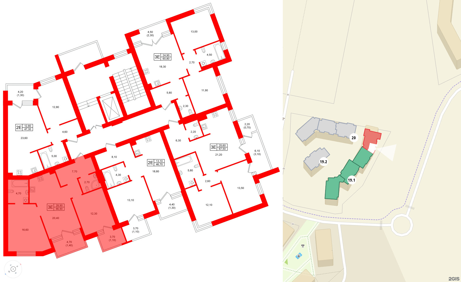 Квартира в ЖК Морена, 2 комнатная, 66.9 м², 3 этаж