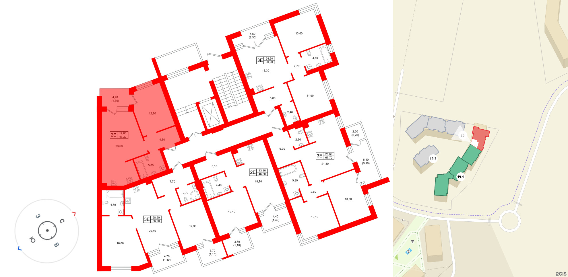 Квартира в ЖК Морена, 1 комнатная, 47.3 м², 1 этаж