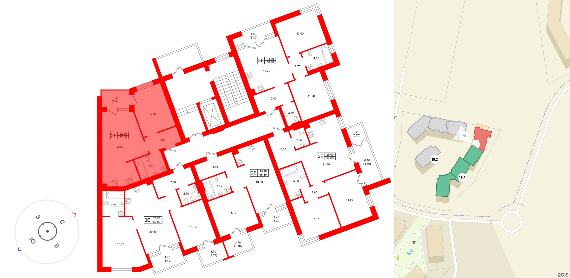 Квартира в ЖК Морена, 1 комнатная, 47.3 м², 2 этаж
