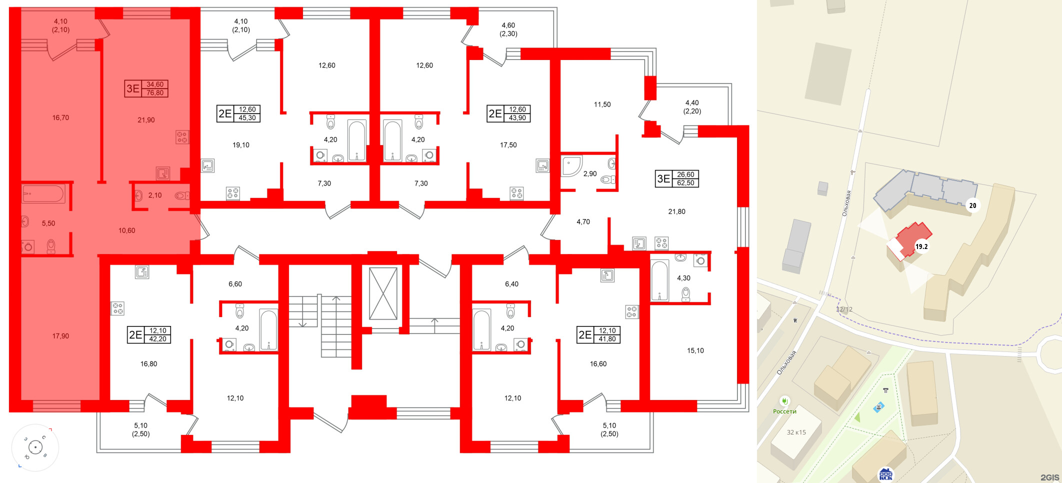 Квартира в ЖК Морена, 2 комнатная, 76.8 м², 1 этаж