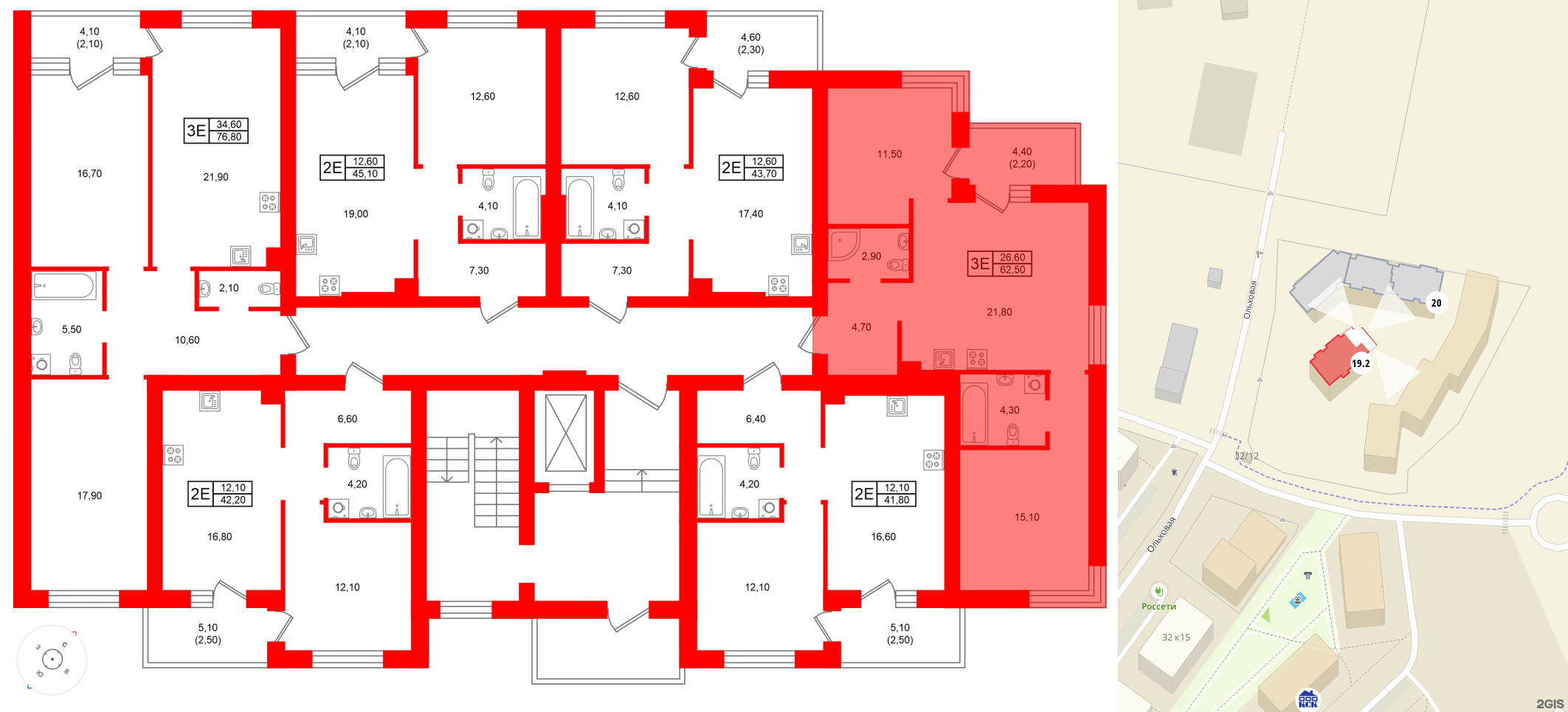 Квартира в ЖК Морена, 2 комнатная, 62.5 м², 3 этаж