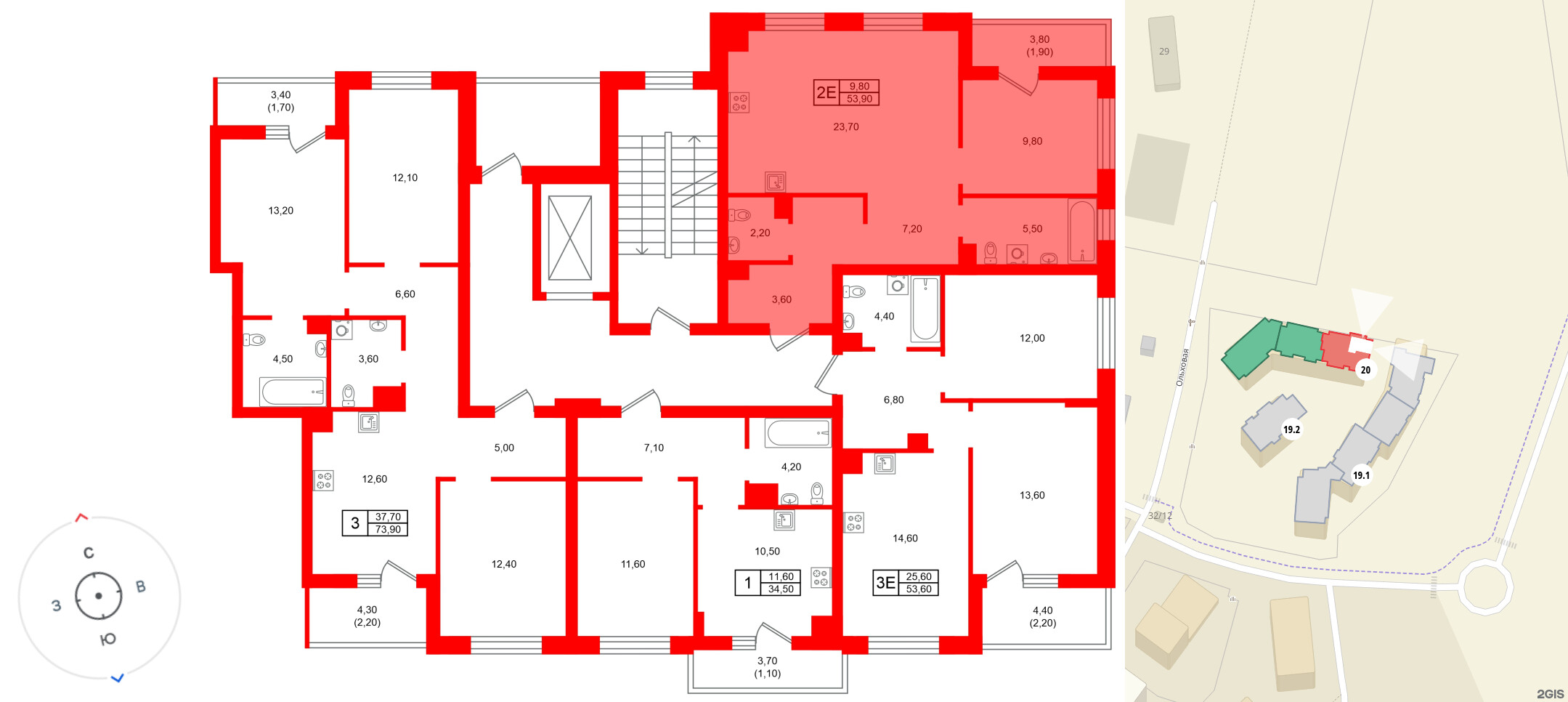 Квартира в ЖК Морена, 1 комнатная, 53.9 м², 4 этаж