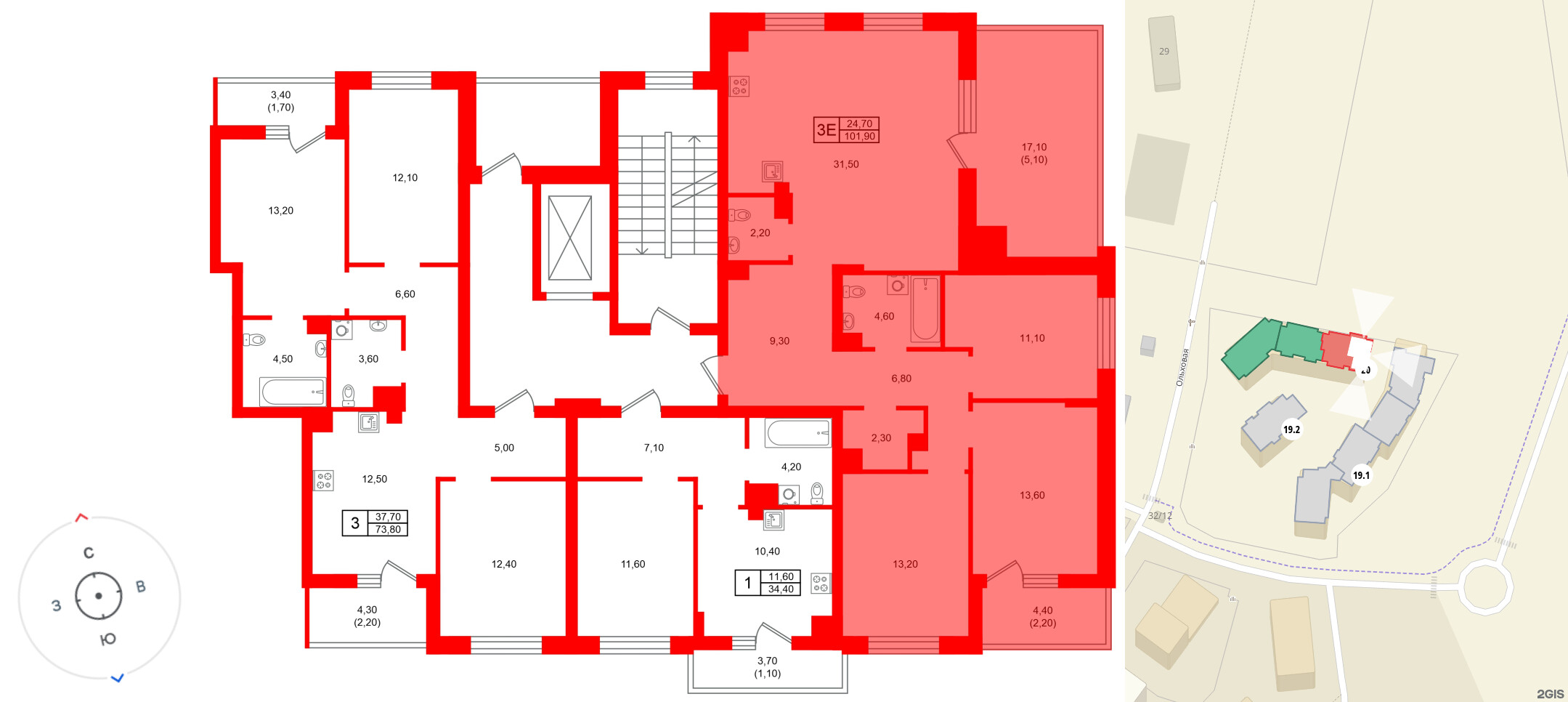 Квартира в ЖК Морена, 2 комнатная, 101.9 м², 5 этаж
