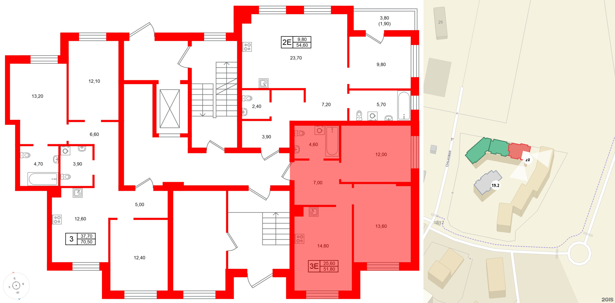 Квартира в ЖК Морена, 2 комнатная, 51.8 м², 1 этаж