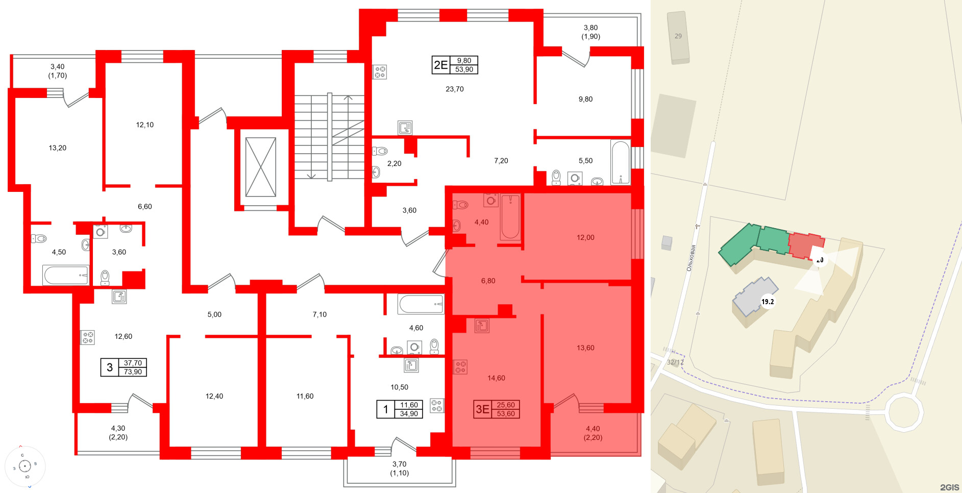 Квартира в ЖК Морена, 2 комнатная, 53.6 м², 2 этаж