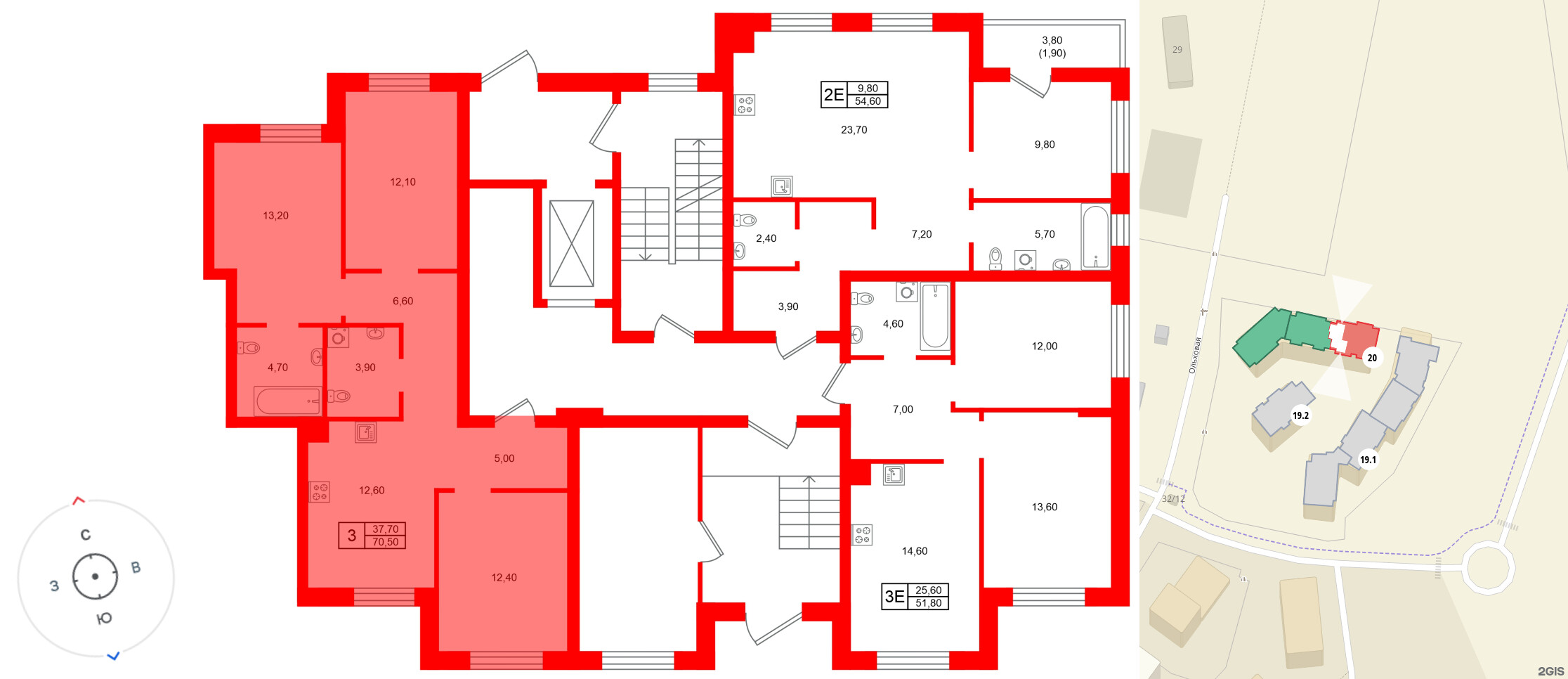Квартира в ЖК Морена, 3 комнатная, 70.5 м², 1 этаж
