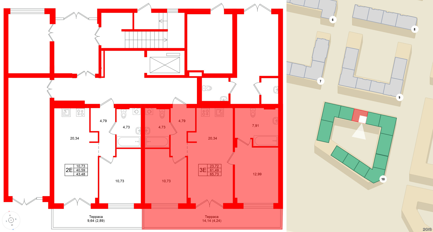 Квартира в ЖК «Включи», 2 комнатная, 65.73 м², 1 этаж
