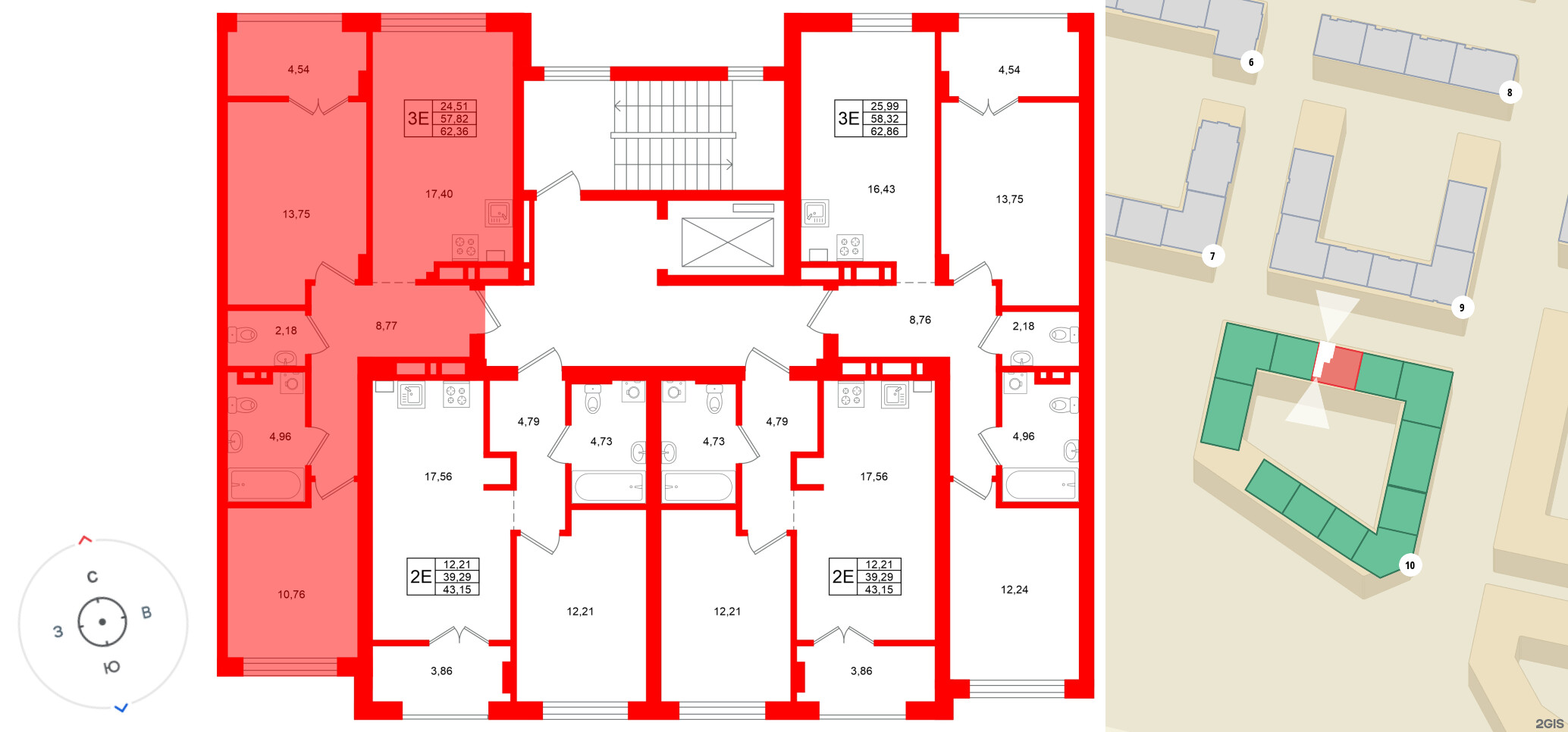 Квартира в ЖК «Включи», 2 комнатная, 62.36 м², 2 этаж