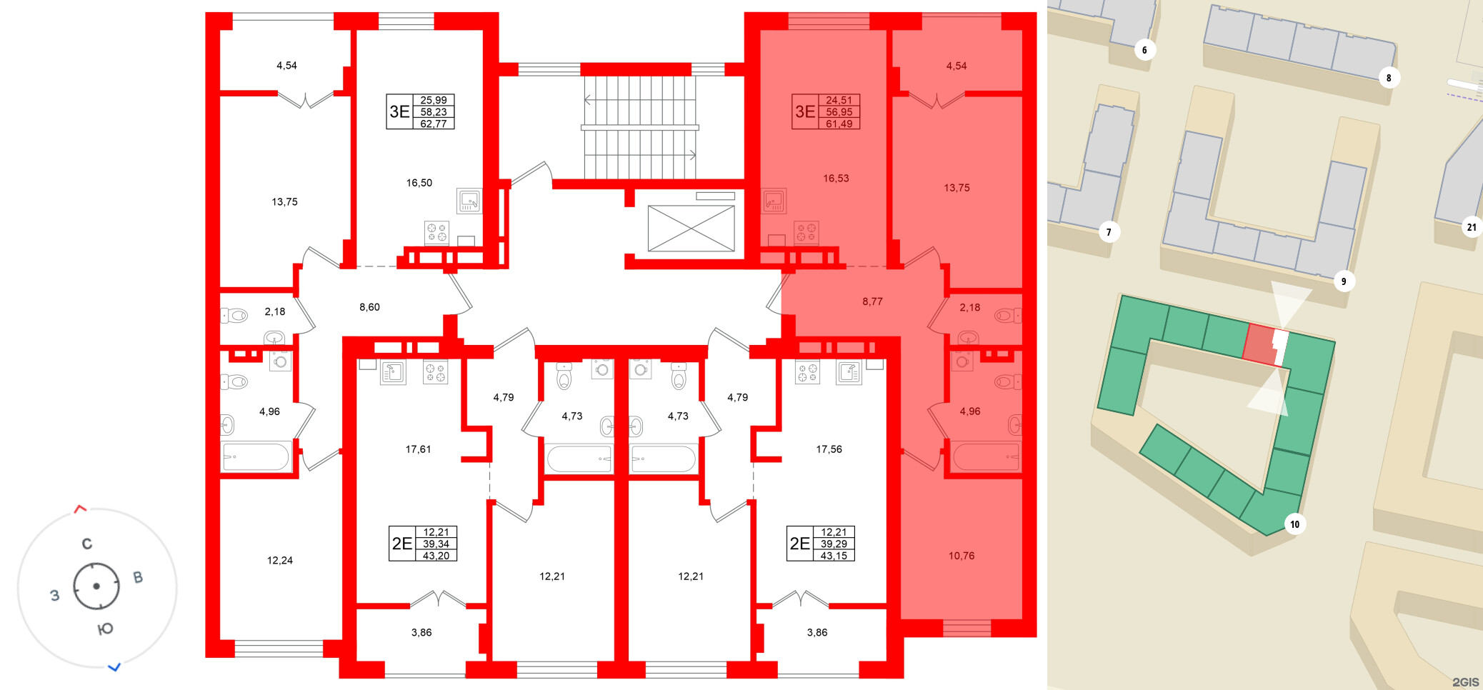 Квартира в ЖК «Включи», 2 комнатная, 61.49 м², 3 этаж