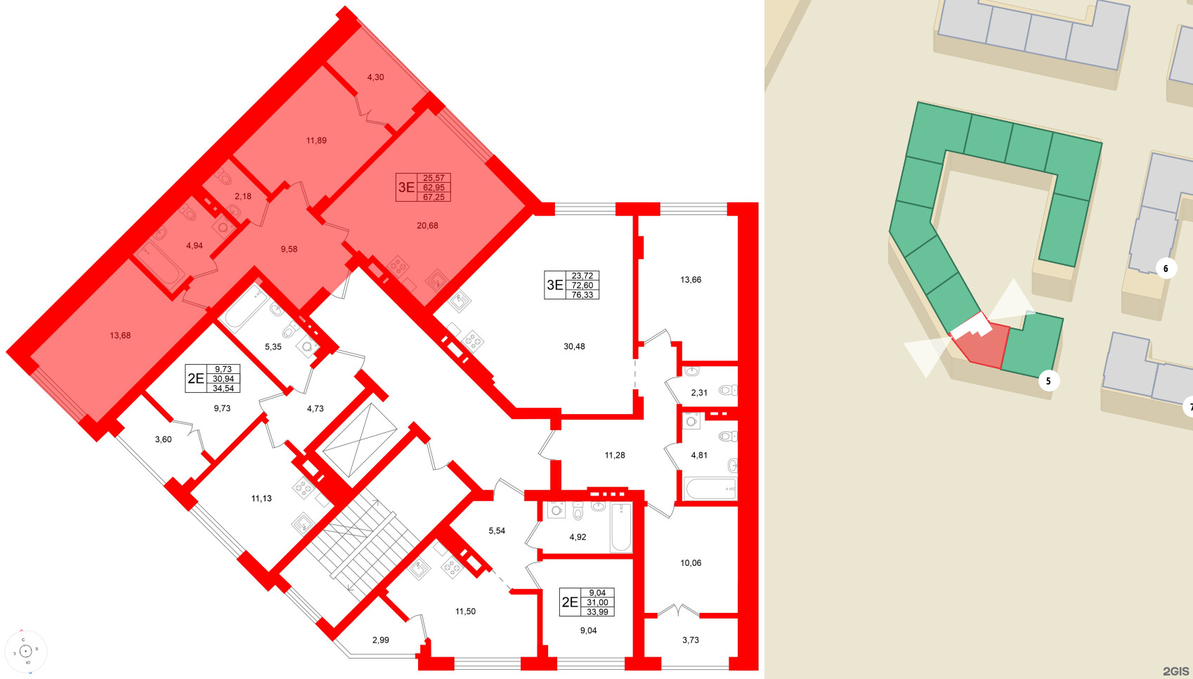 Квартира в ЖК «Включи», 2 комнатная, 67.25 м², 2 этаж