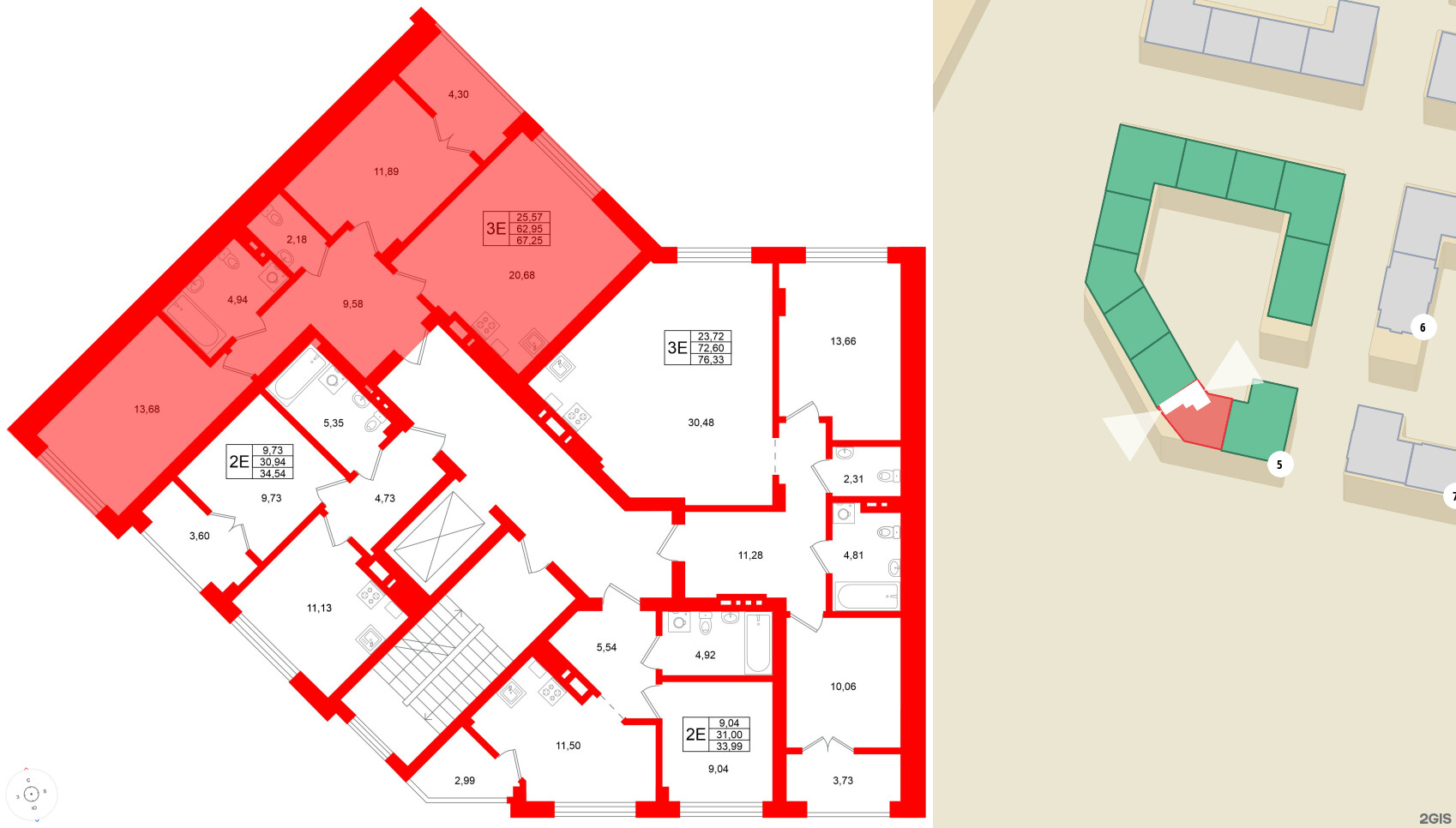 Квартира в ЖК «Включи», 2 комнатная, 67.25 м², 4 этаж