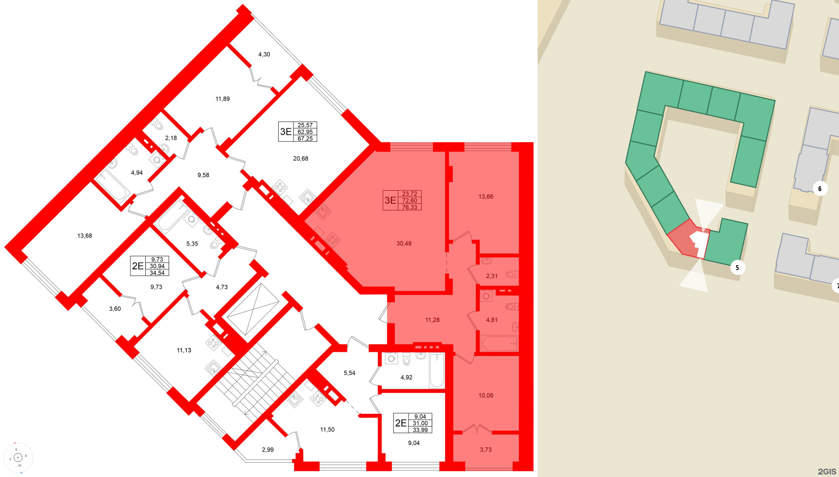 Квартира в ЖК «Включи», 2 комнатная, 76.33 м², 4 этаж