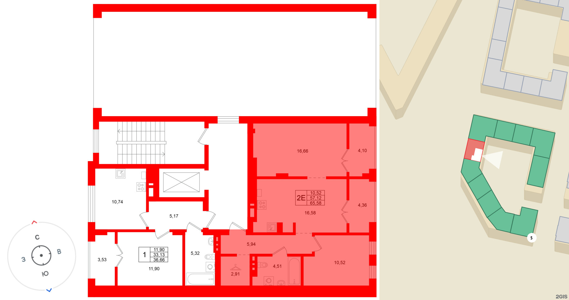 Квартира в ЖК «Включи», 1 комнатная, 65.58 м², 2 этаж