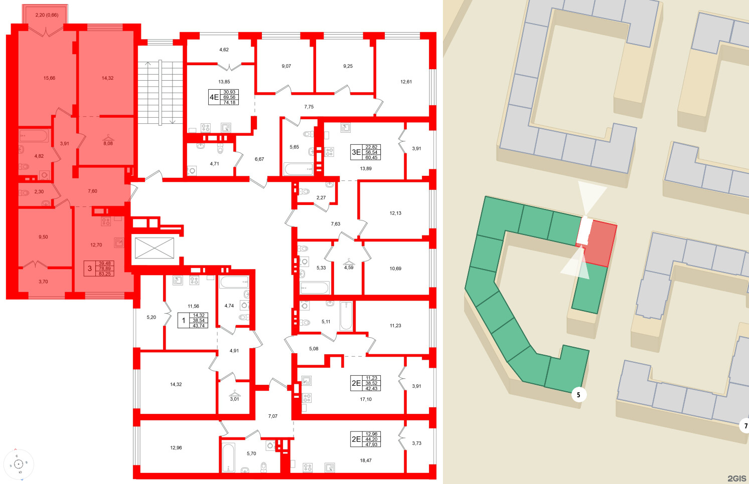 Квартира в ЖК «Включи», 3 комнатная, 83.25 м², 2 этаж