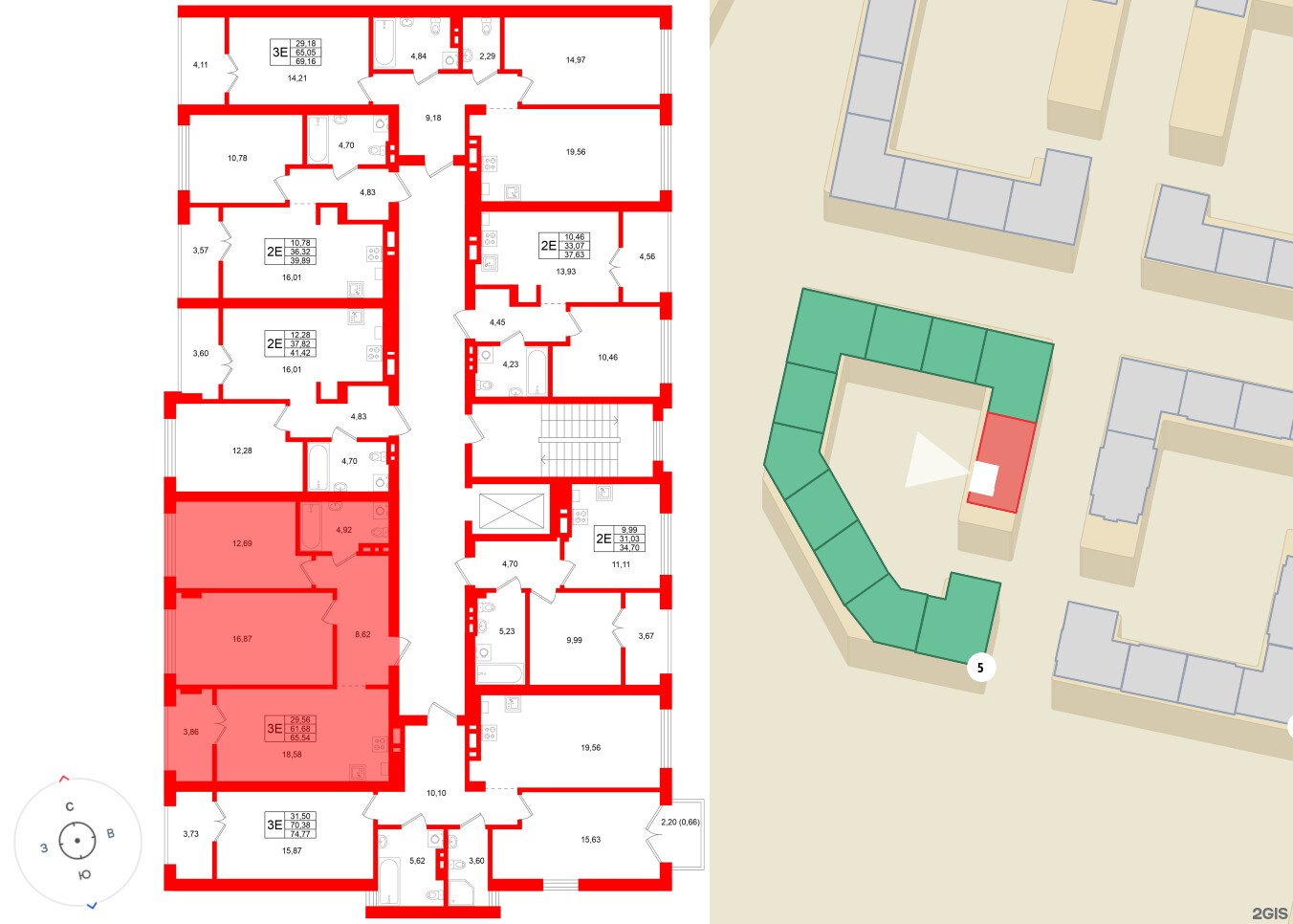 Квартира в ЖК «Включи», 2 комнатная, 65.54 м², 6 этаж