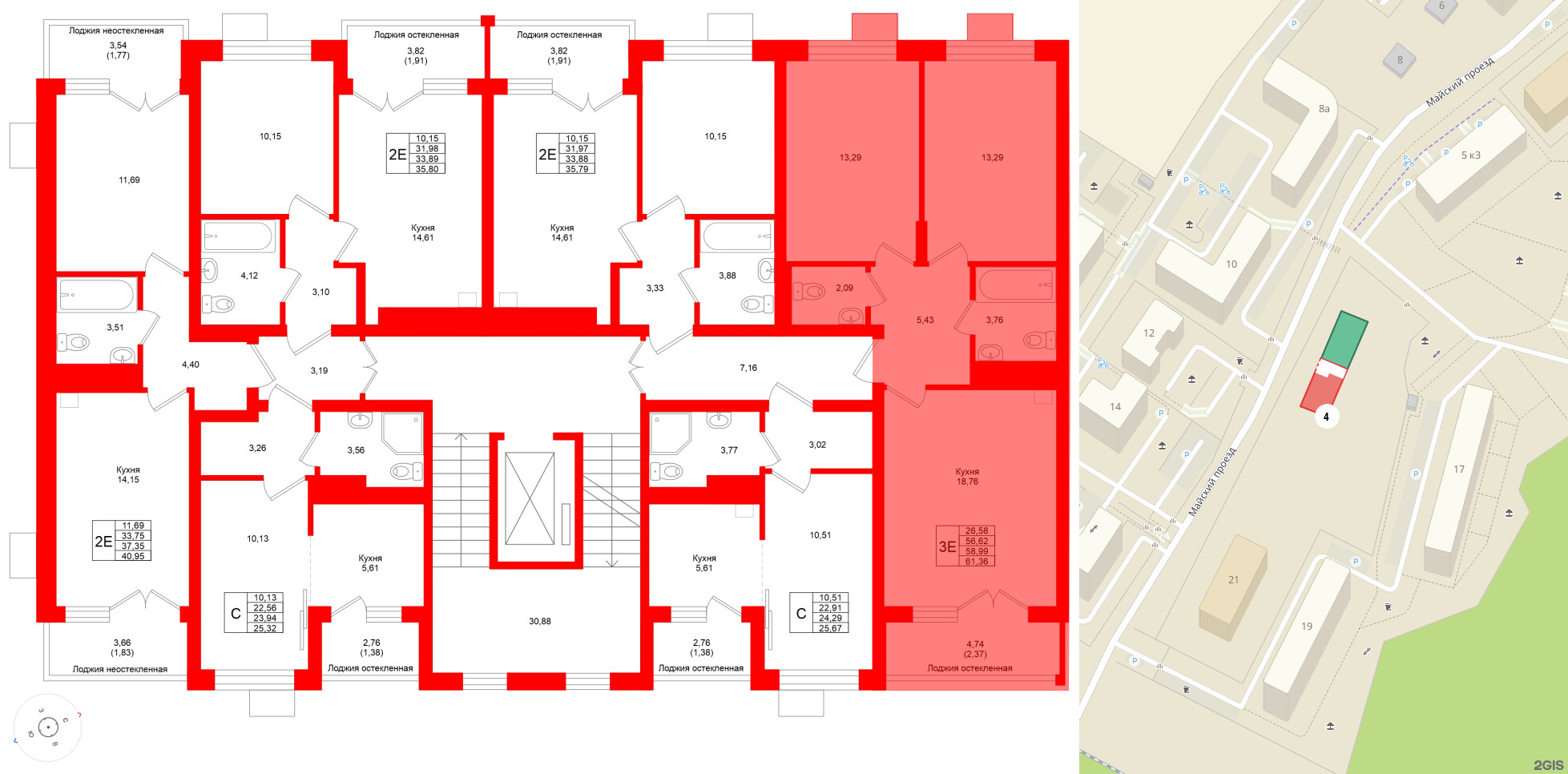 Квартира в ЖК Lake City-4, 2 комнатная, 58.99 м², 6 этаж
