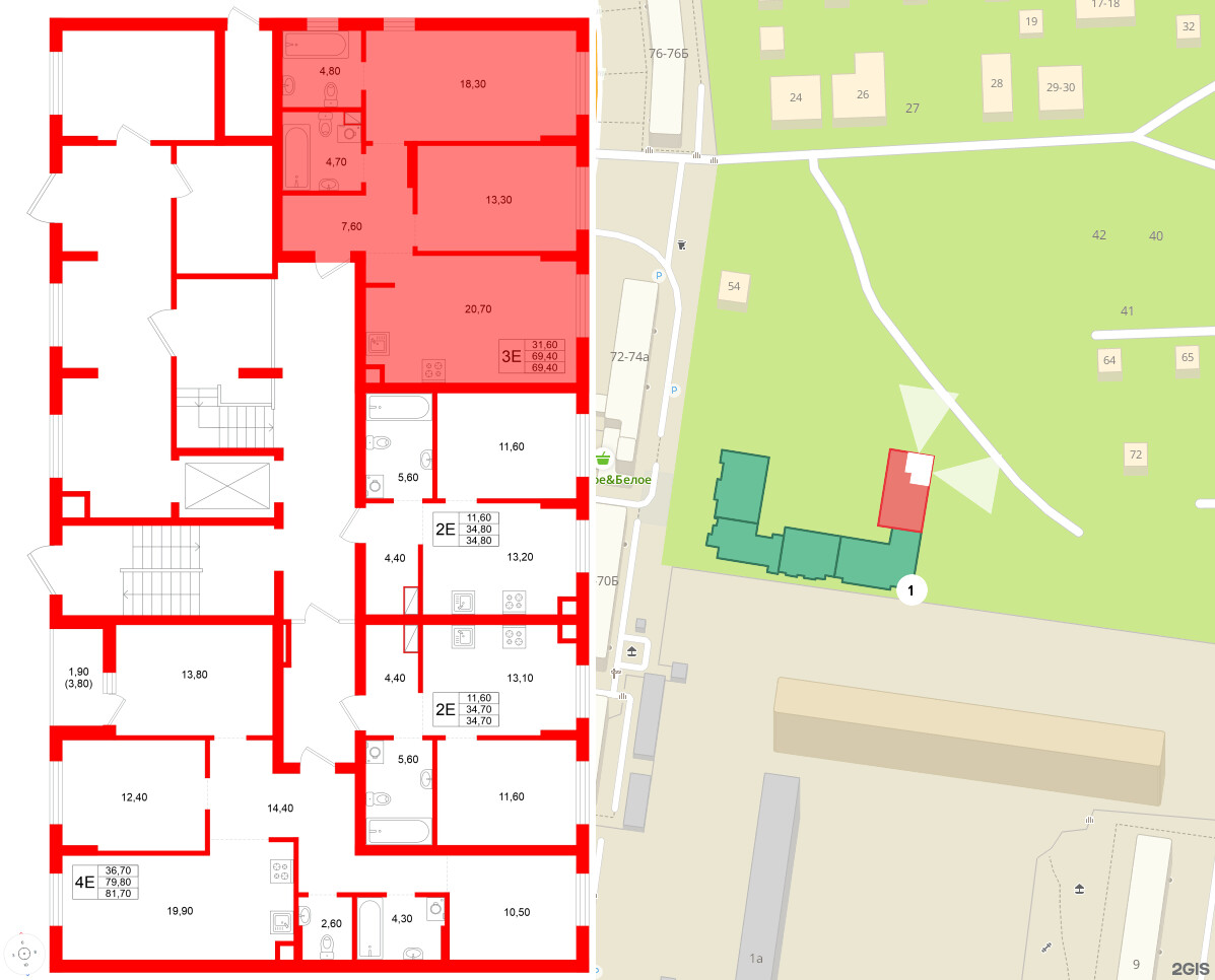 Квартира в ЖК Луччи, 2 комнатная, 69.4 м², 1 этаж