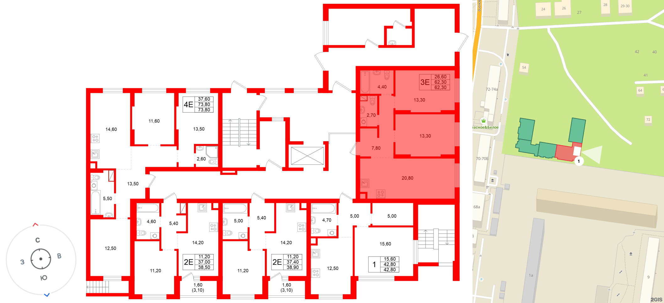 Квартира в ЖК Луччи, 2 комнатная, 62.3 м², 1 этаж