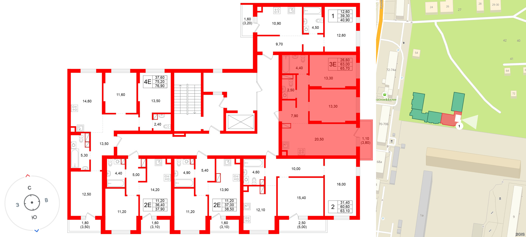 Квартира в ЖК Луччи, 2 комнатная, 65.7 м², 2 этаж