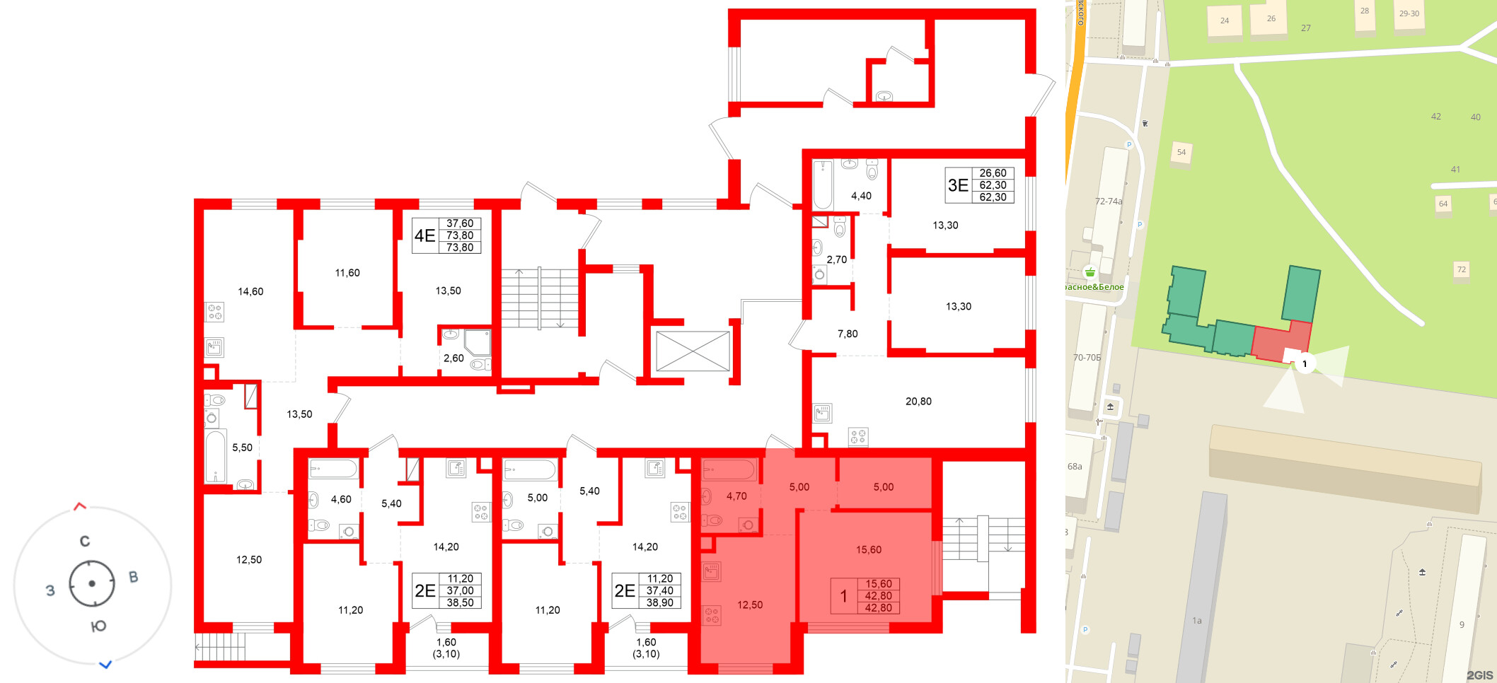 Квартира в ЖК Луччи, 1 комнатная, 42.8 м², 1 этаж