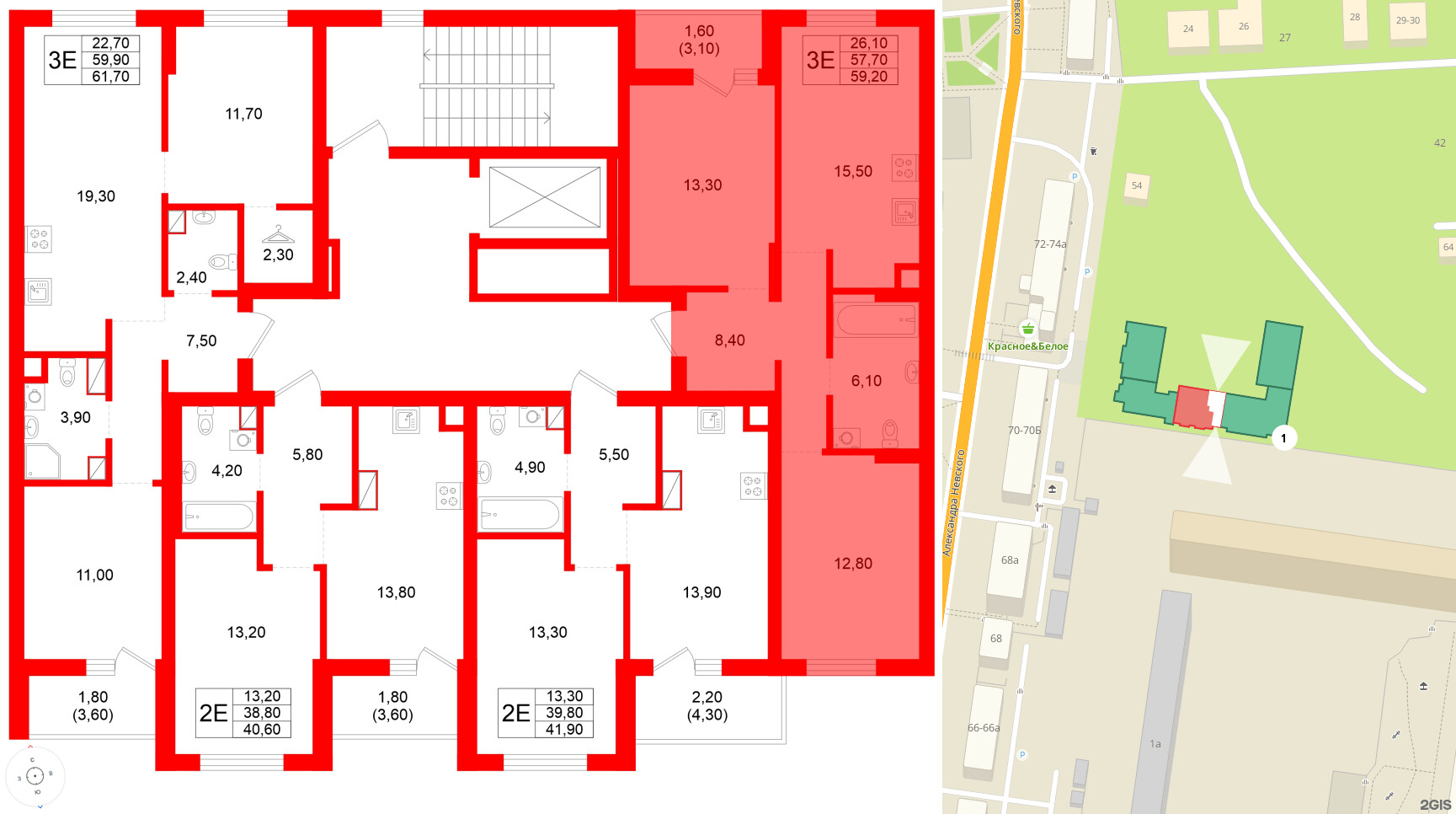 Квартира в ЖК Луччи, 2 комнатная, 59.2 м², 2 этаж