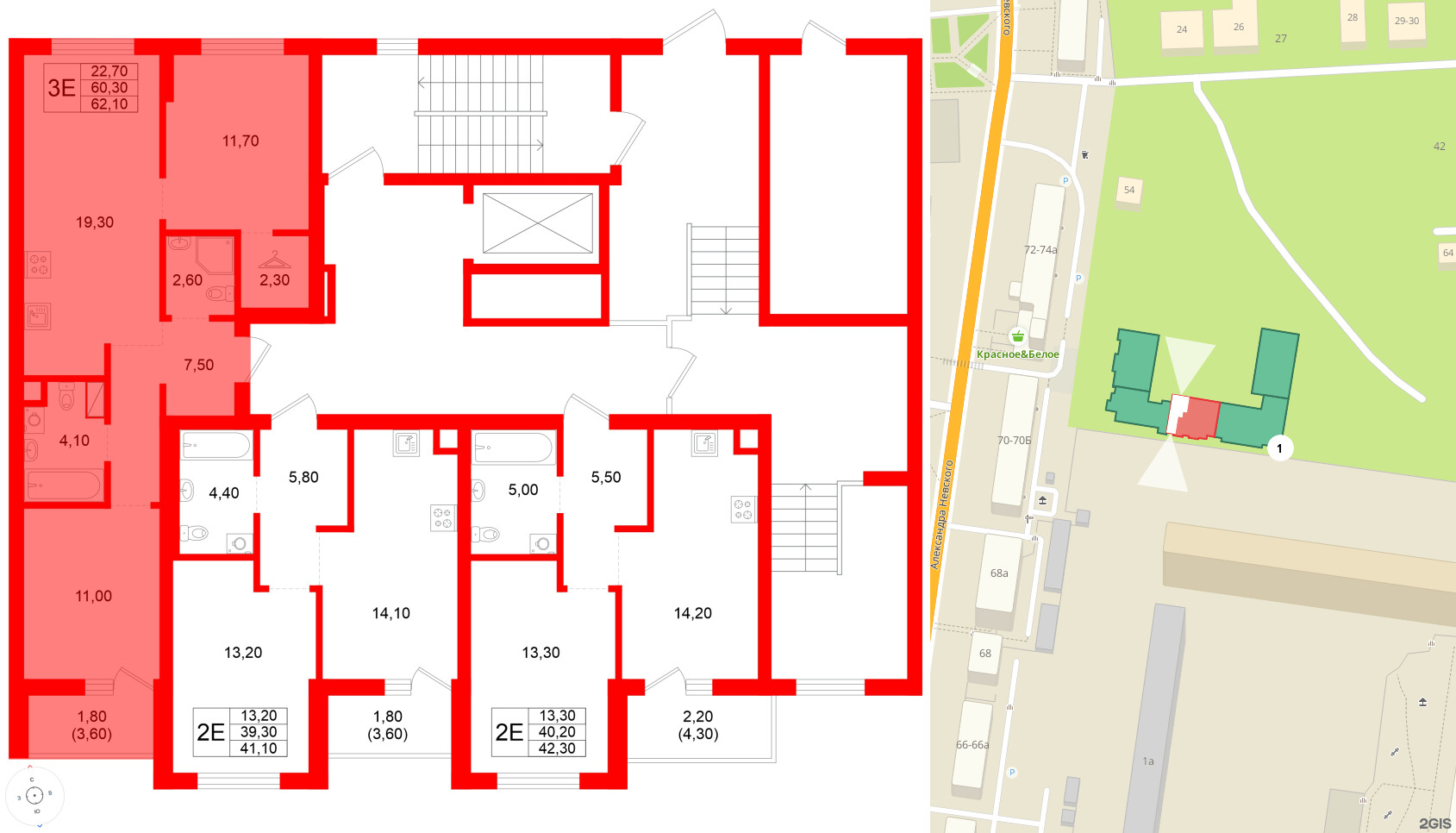 Квартира в ЖК Луччи, 2 комнатная, 62.1 м², 1 этаж