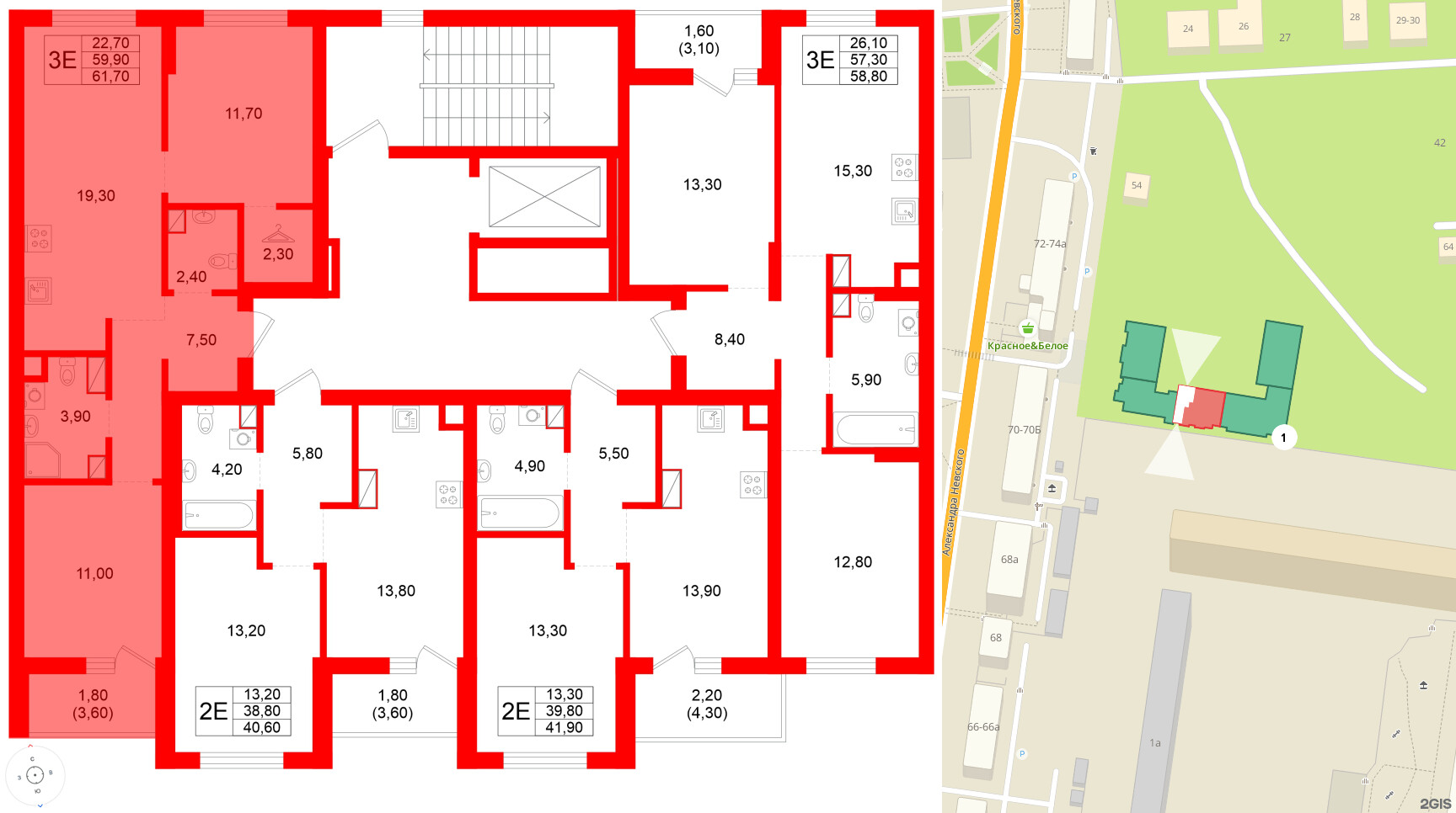 Квартира в ЖК Луччи, 2 комнатная, 61.7 м², 3 этаж