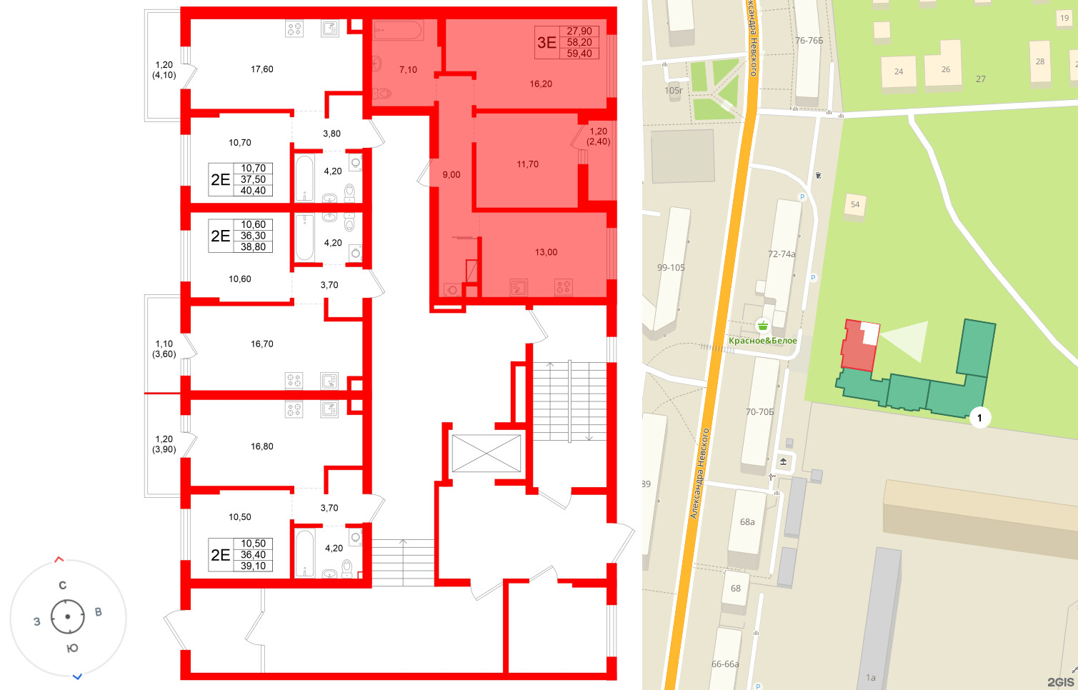 Квартира в ЖК Луччи, 2 комнатная, 59.4 м², 1 этаж